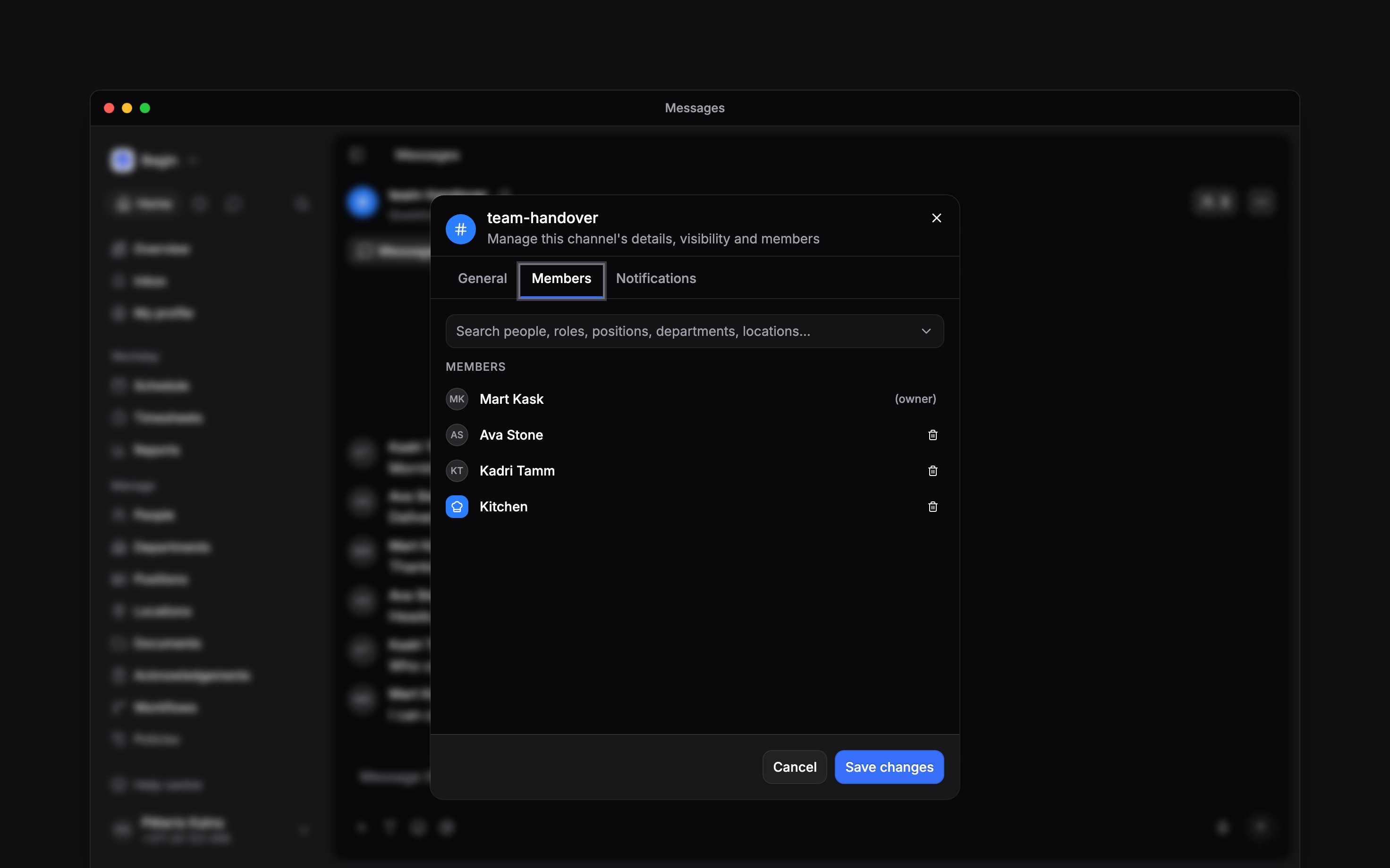 The channel member picker with a department and people selected