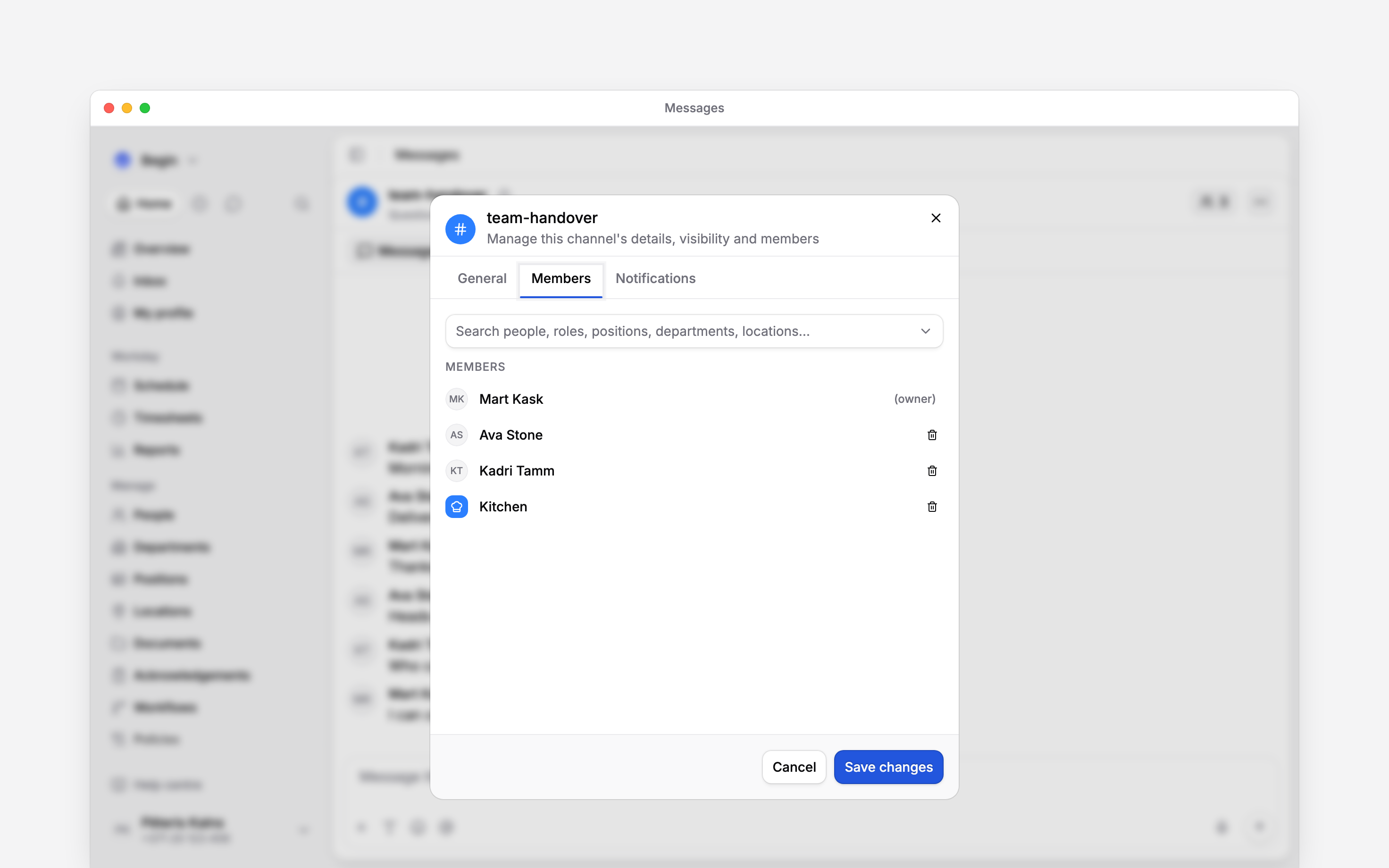 The channel member picker with a department and people selected