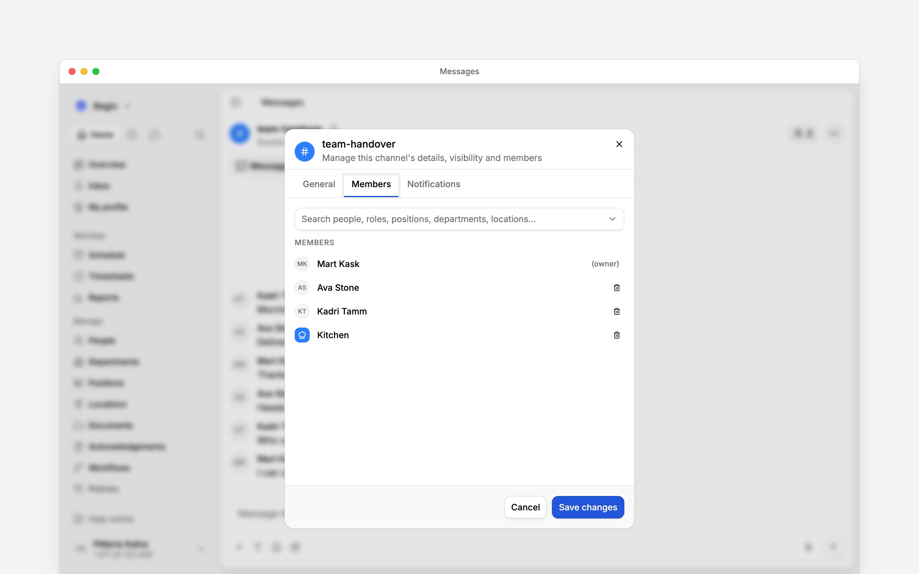 The channel member picker with a department and people selected
