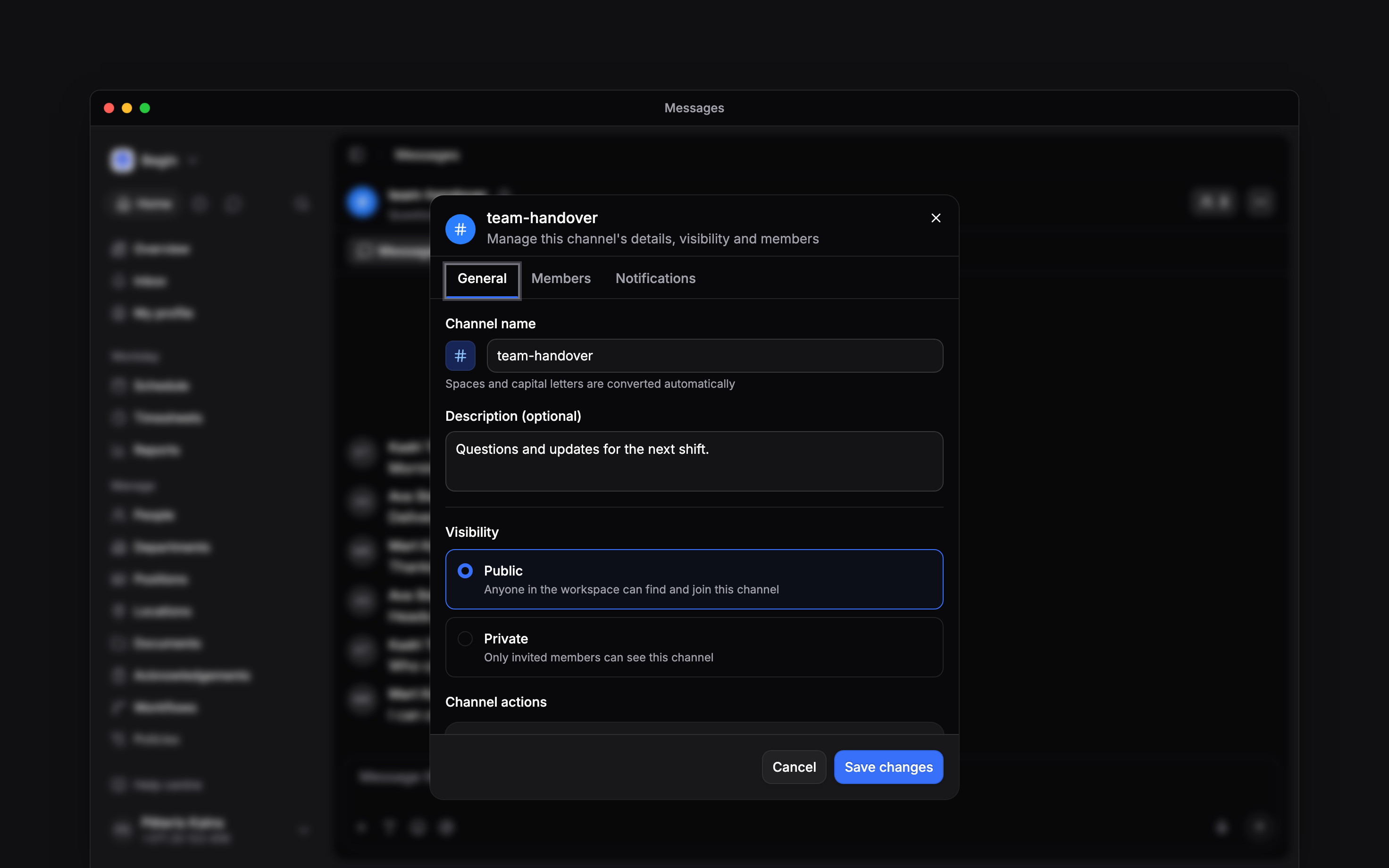 Channel settings showing the channel name and visibility choices