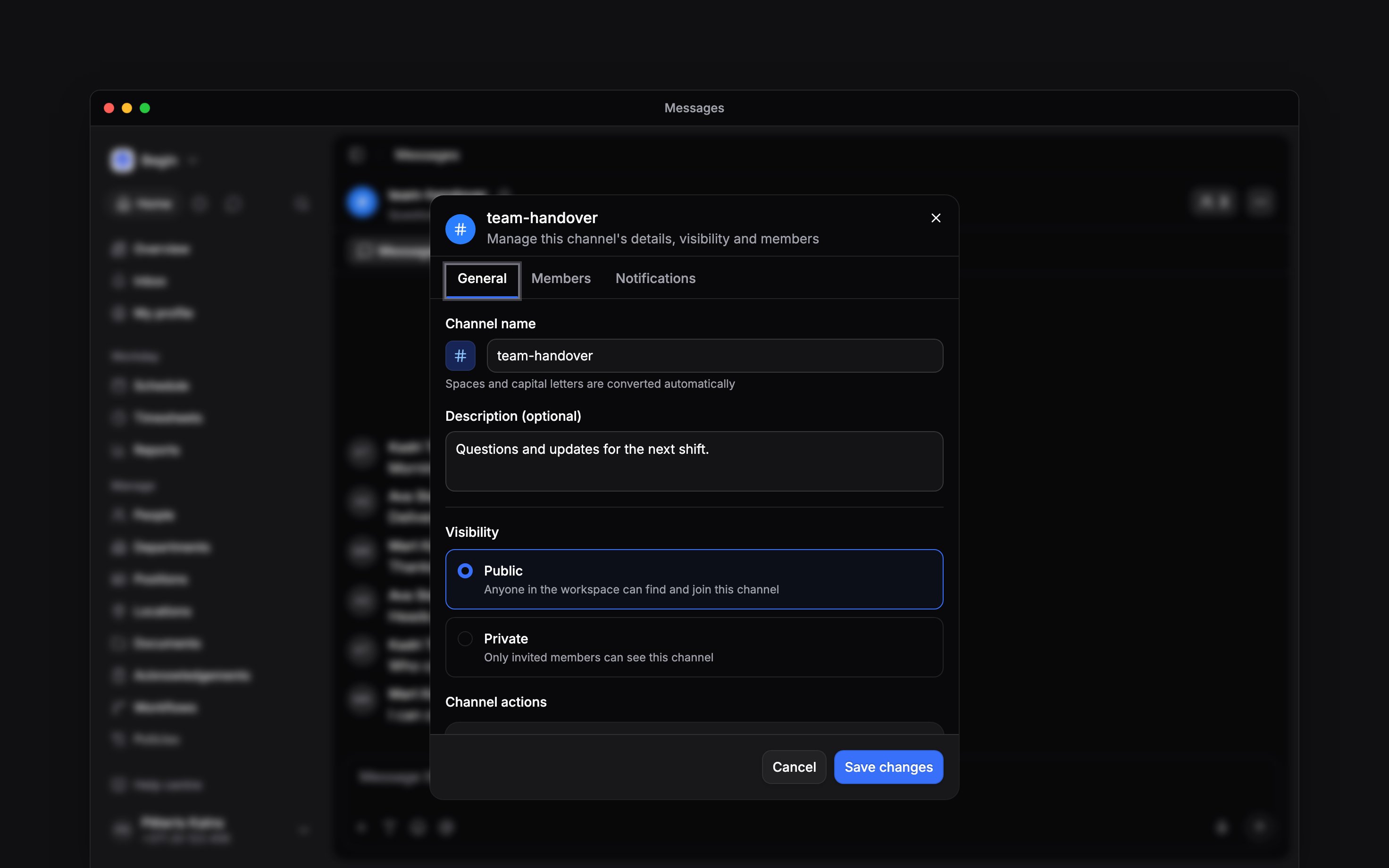 Channel settings showing the channel name and visibility choices