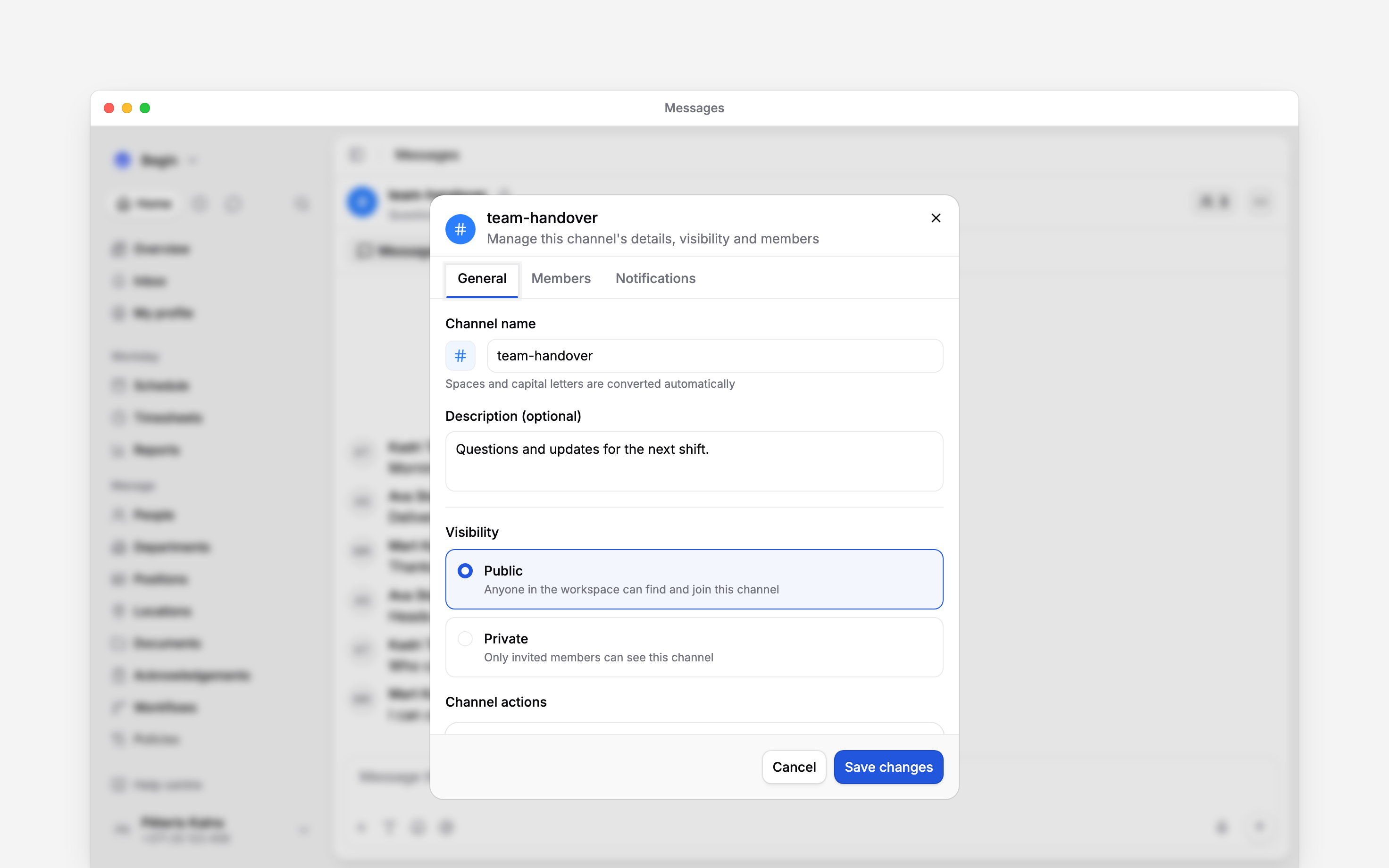 Channel settings showing the channel name and visibility choices