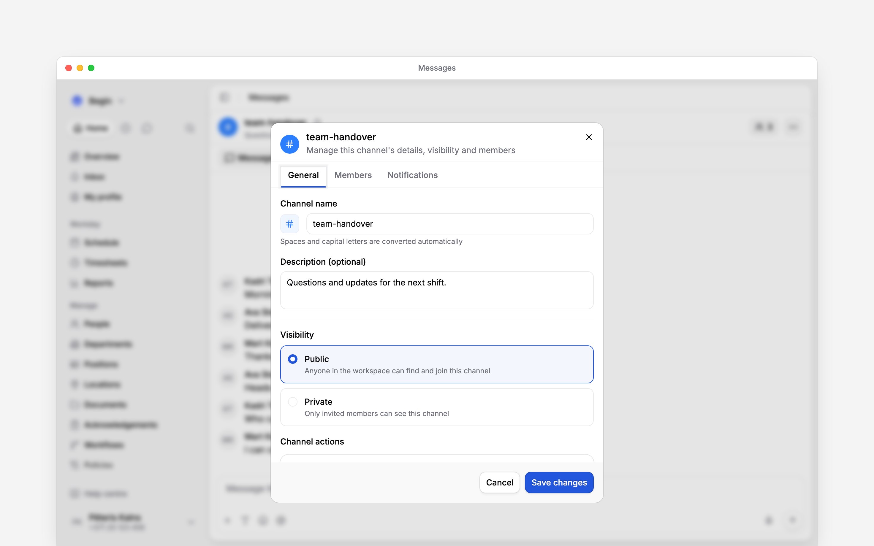 Channel settings showing the channel name and visibility choices