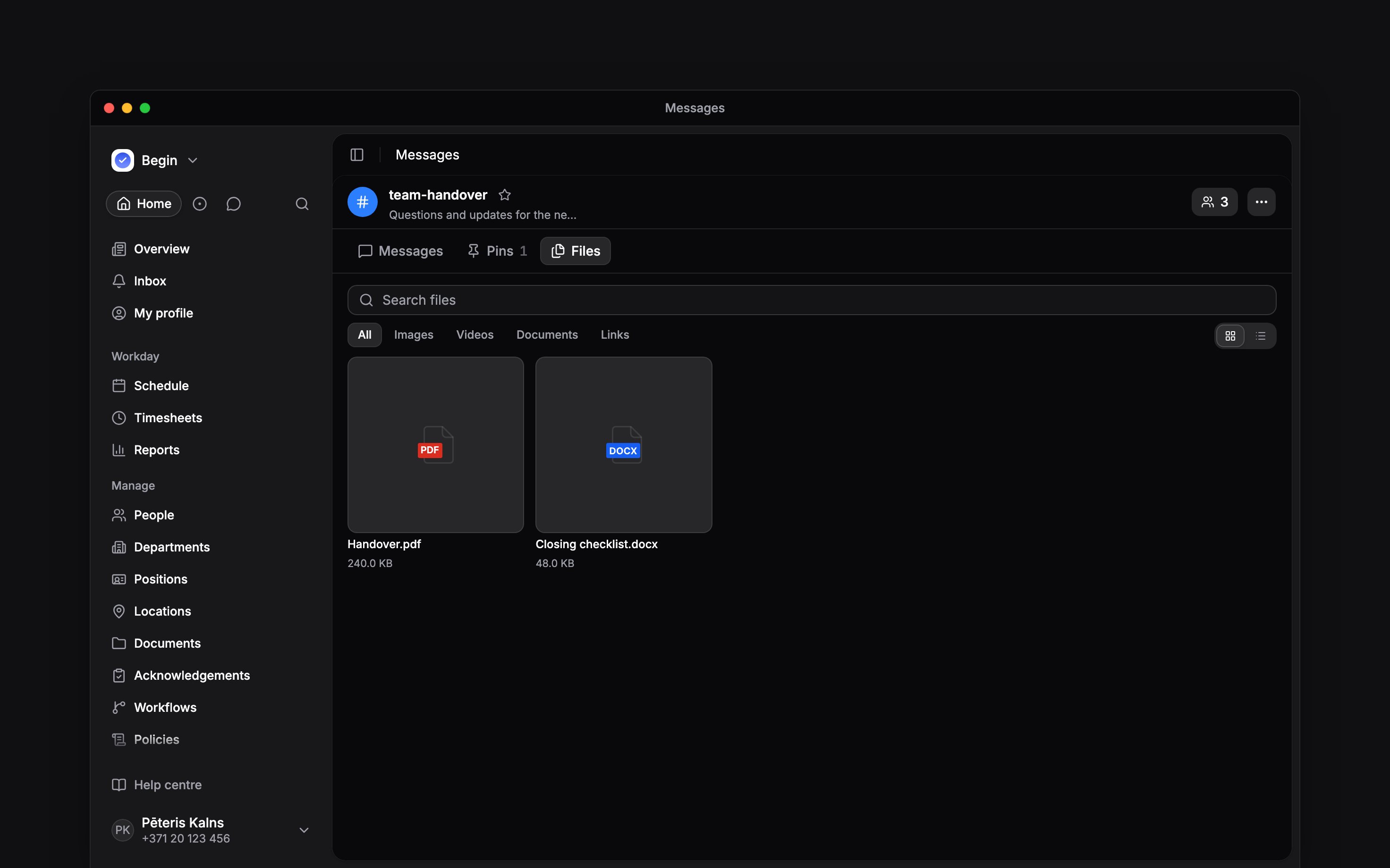 The Files tab showing shared documents and its file filters