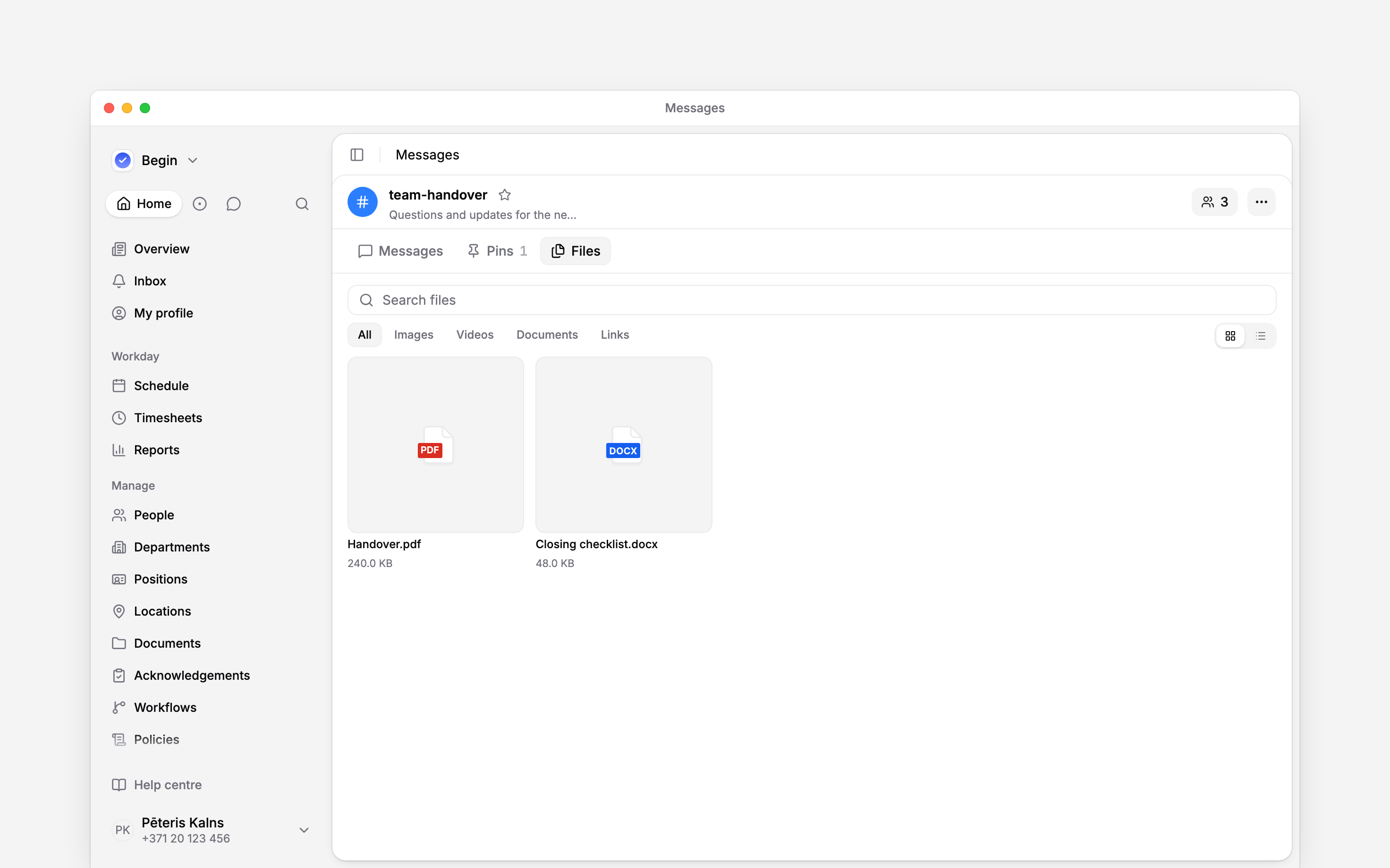 The Files tab showing shared documents and its file filters