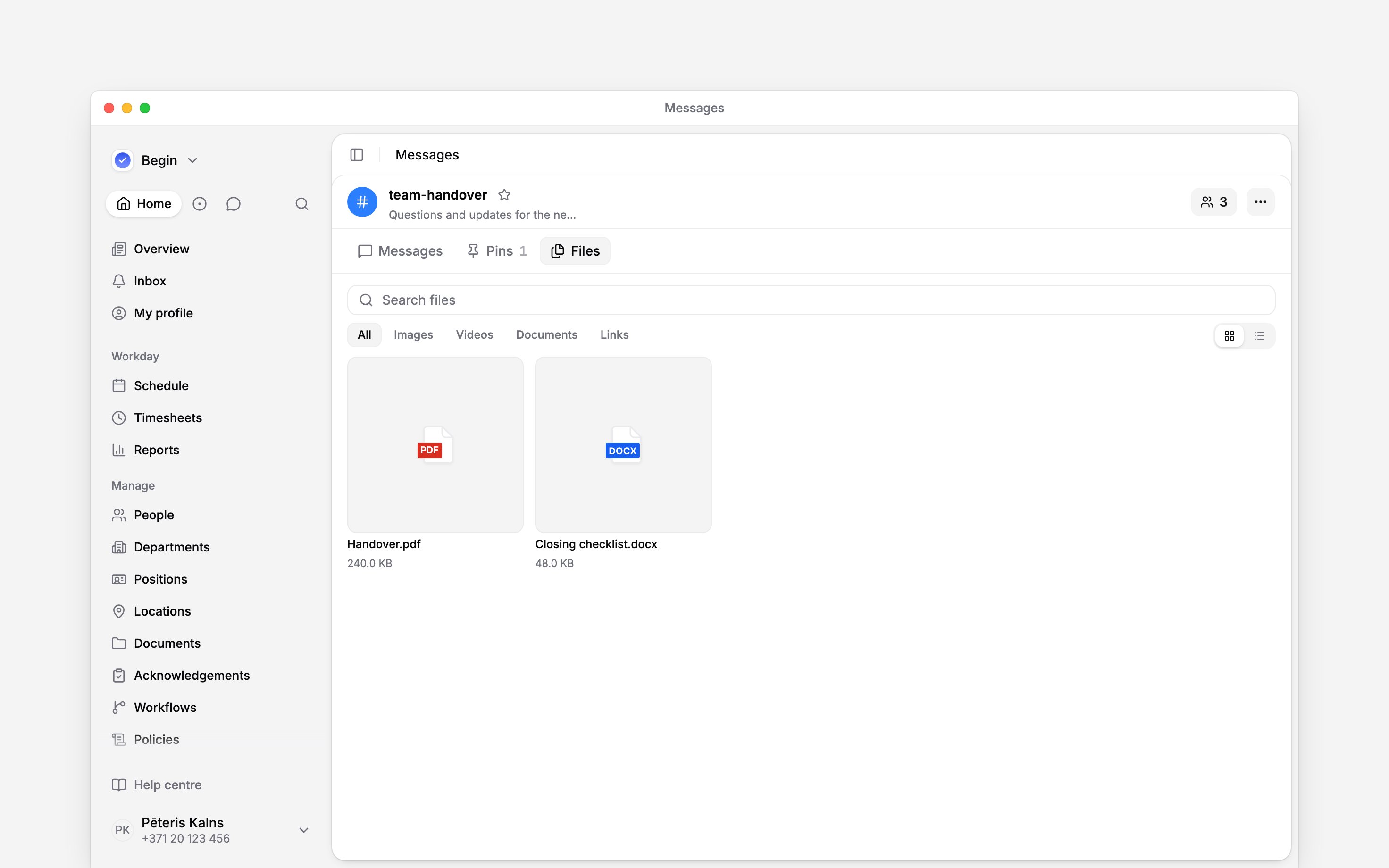The Files tab showing shared documents and its file filters