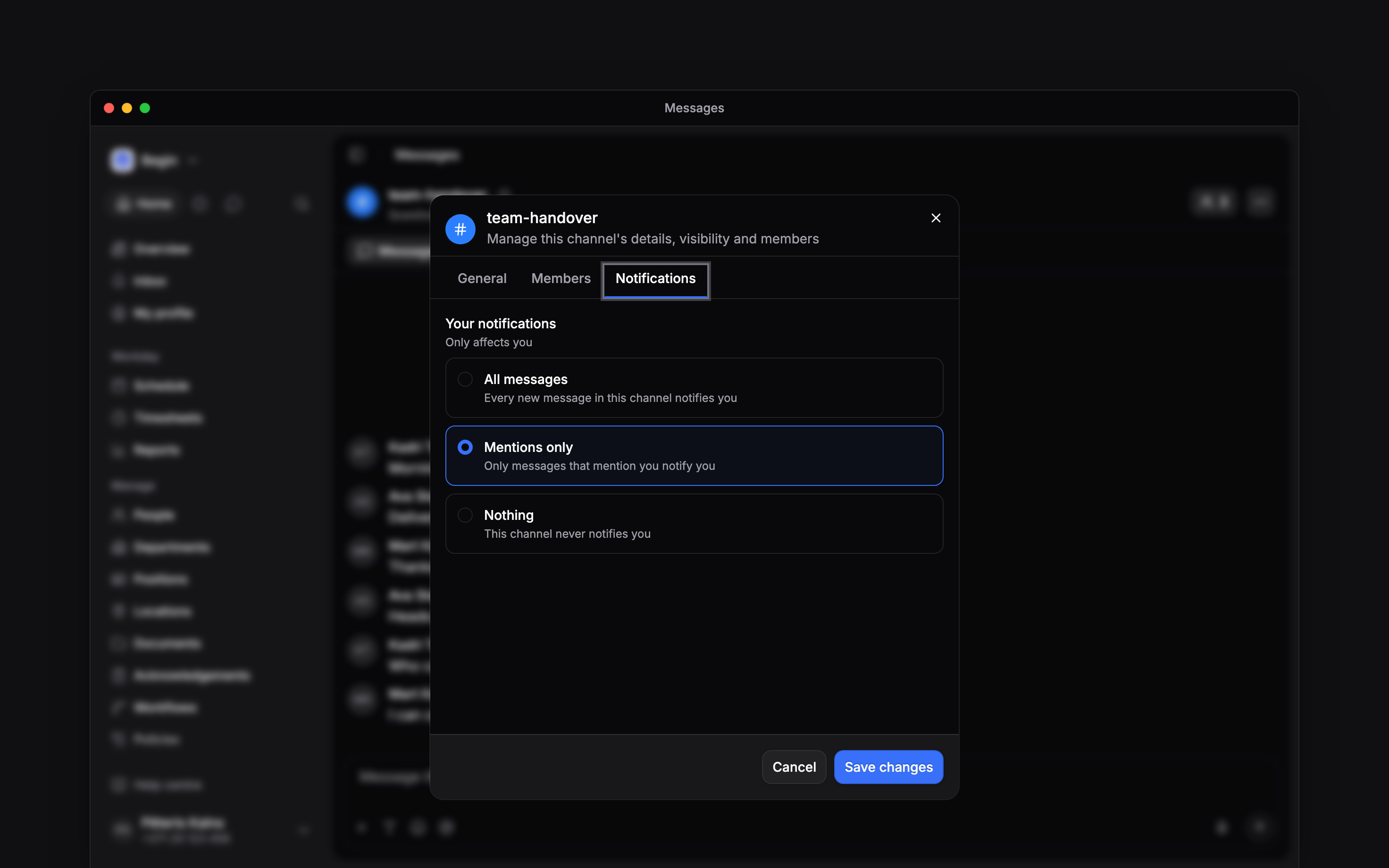 Channel notification choices for All messages, Mentions only and Nothing