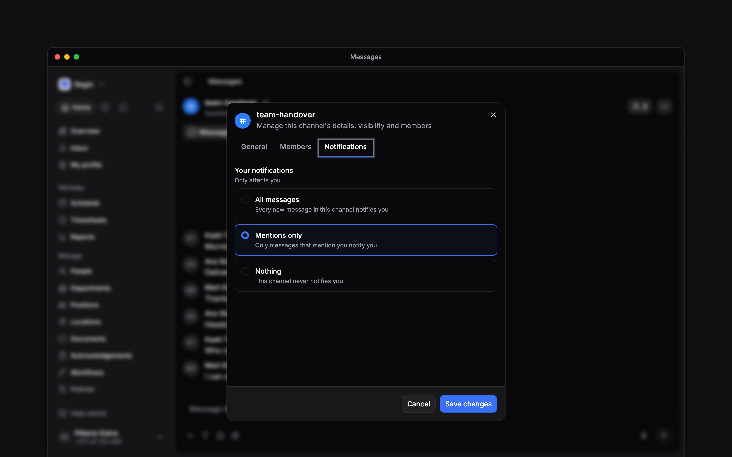 Channel notification choices for All messages, Mentions only and Nothing