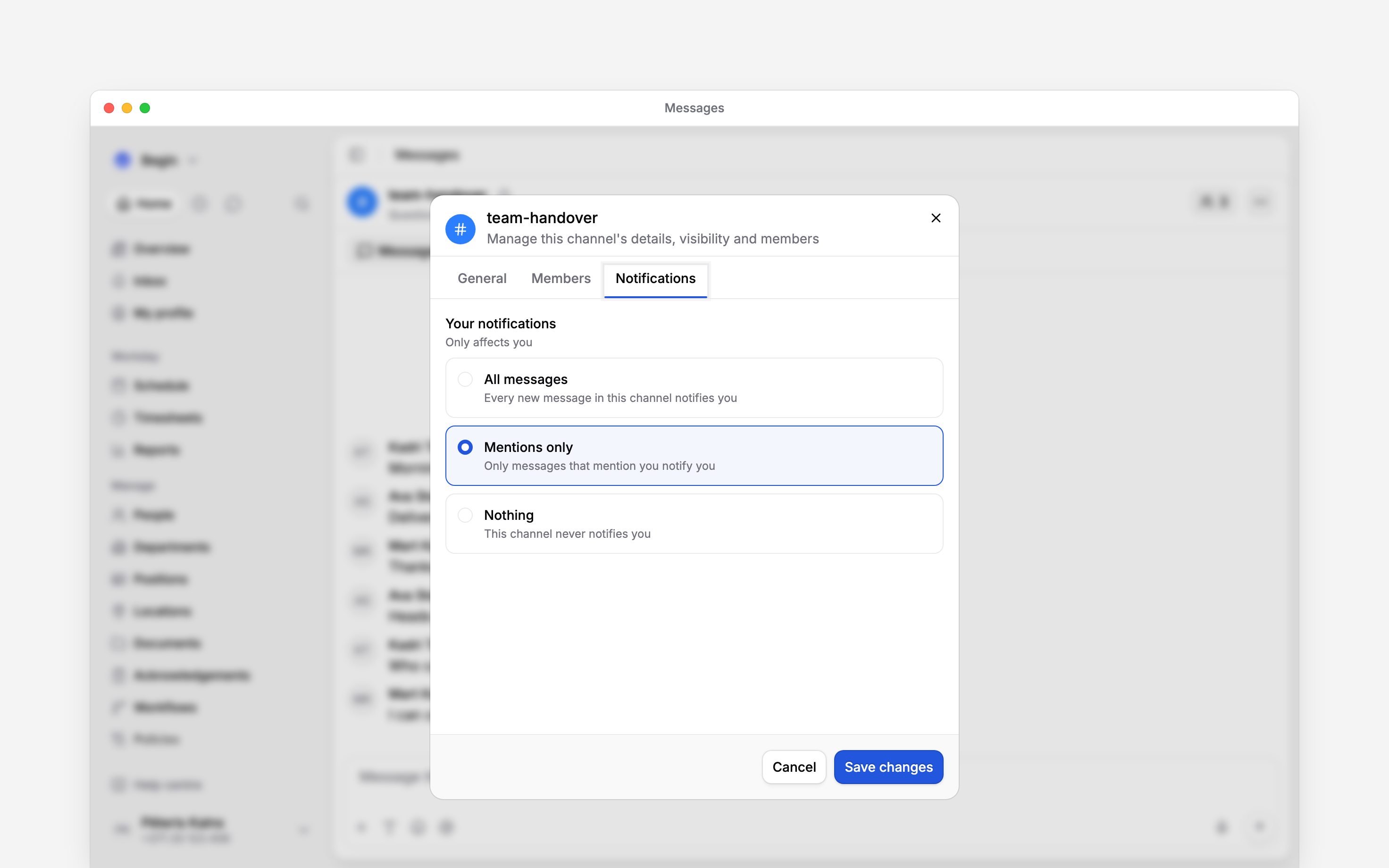 Channel notification choices for All messages, Mentions only and Nothing