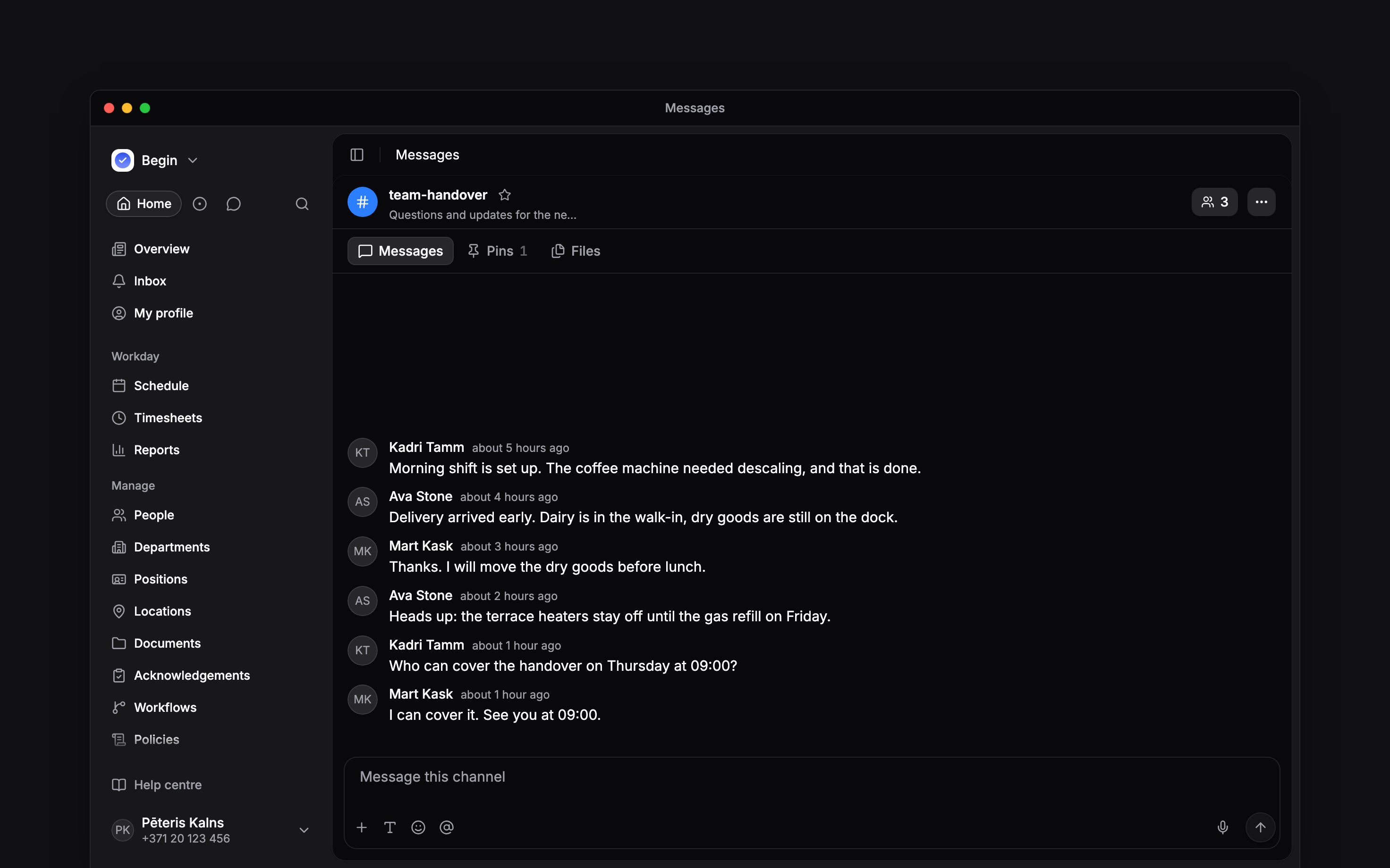 A team channel with Messages, Pins and Files tabs above the conversation