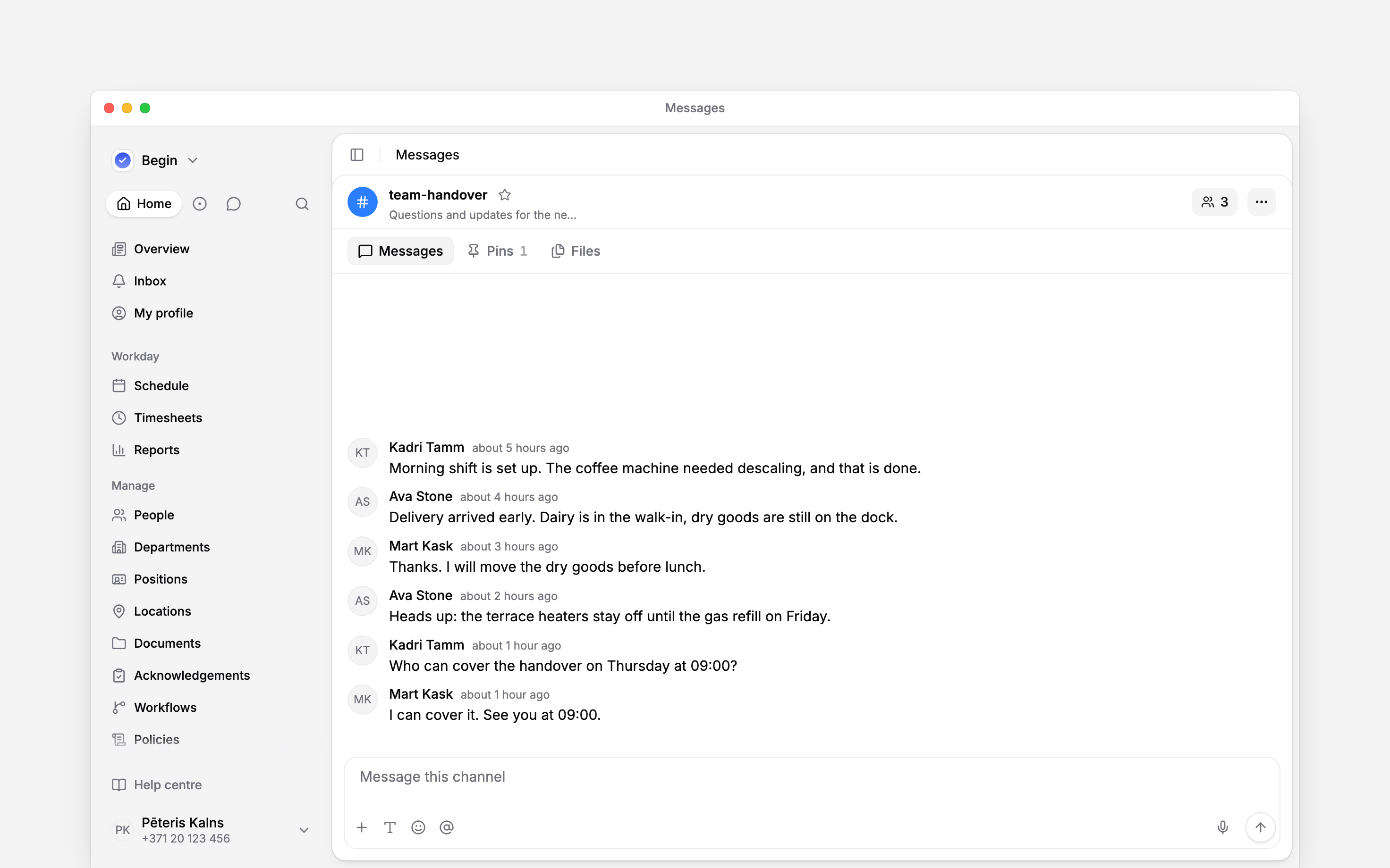 A team channel with Messages, Pins and Files tabs above the conversation