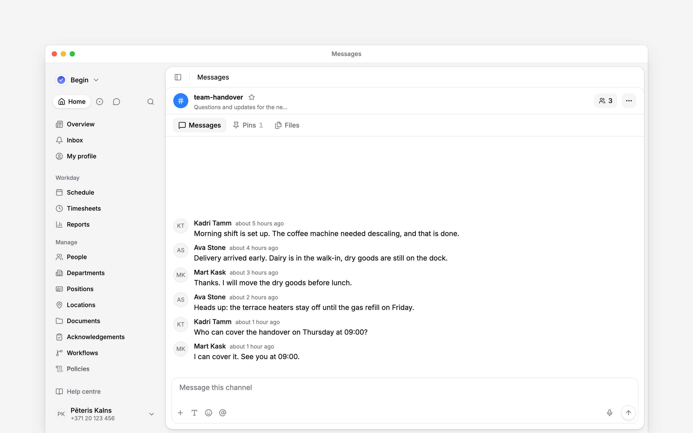 A team channel with Messages, Pins and Files tabs above the conversation