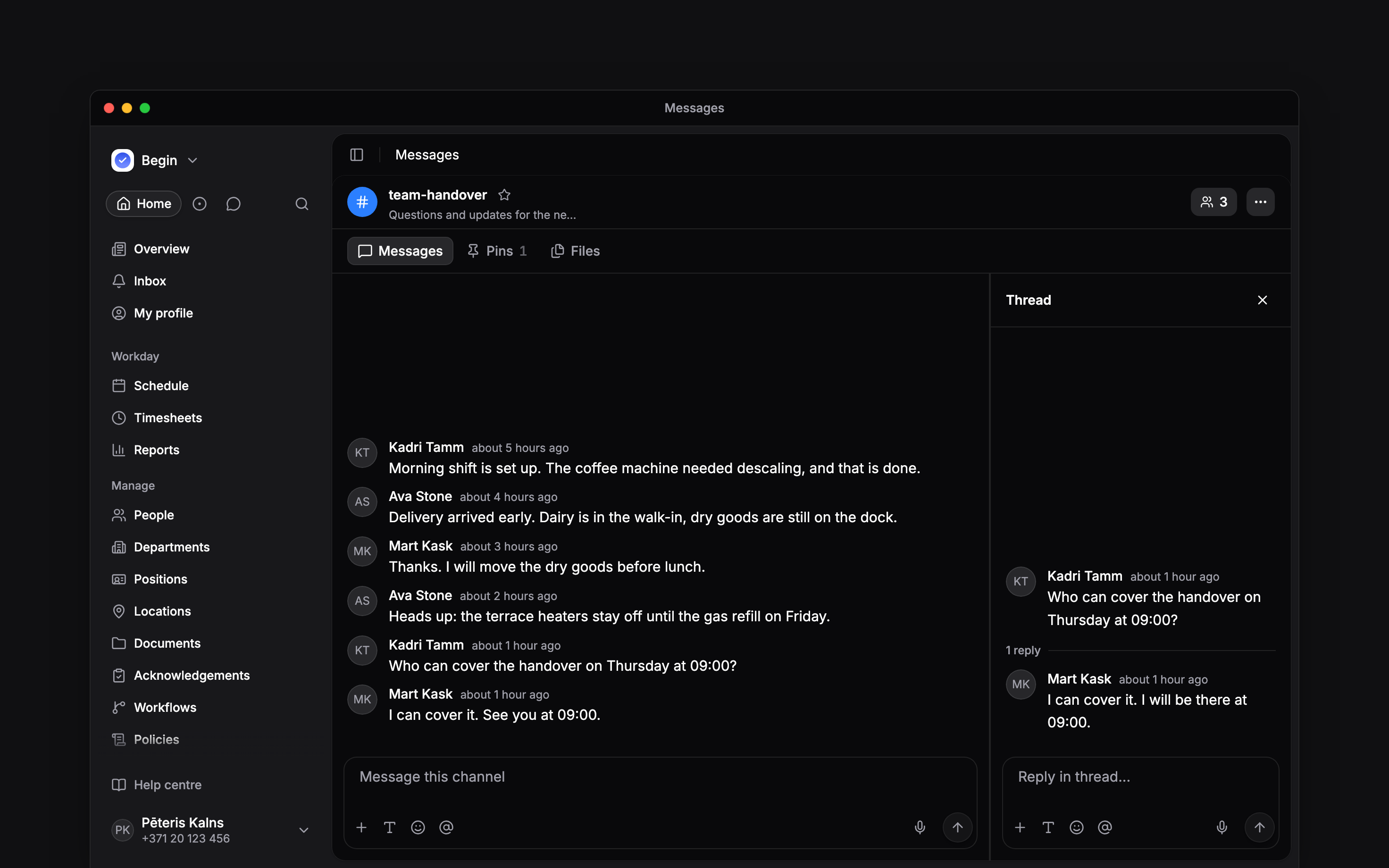 A message and its replies in the thread panel