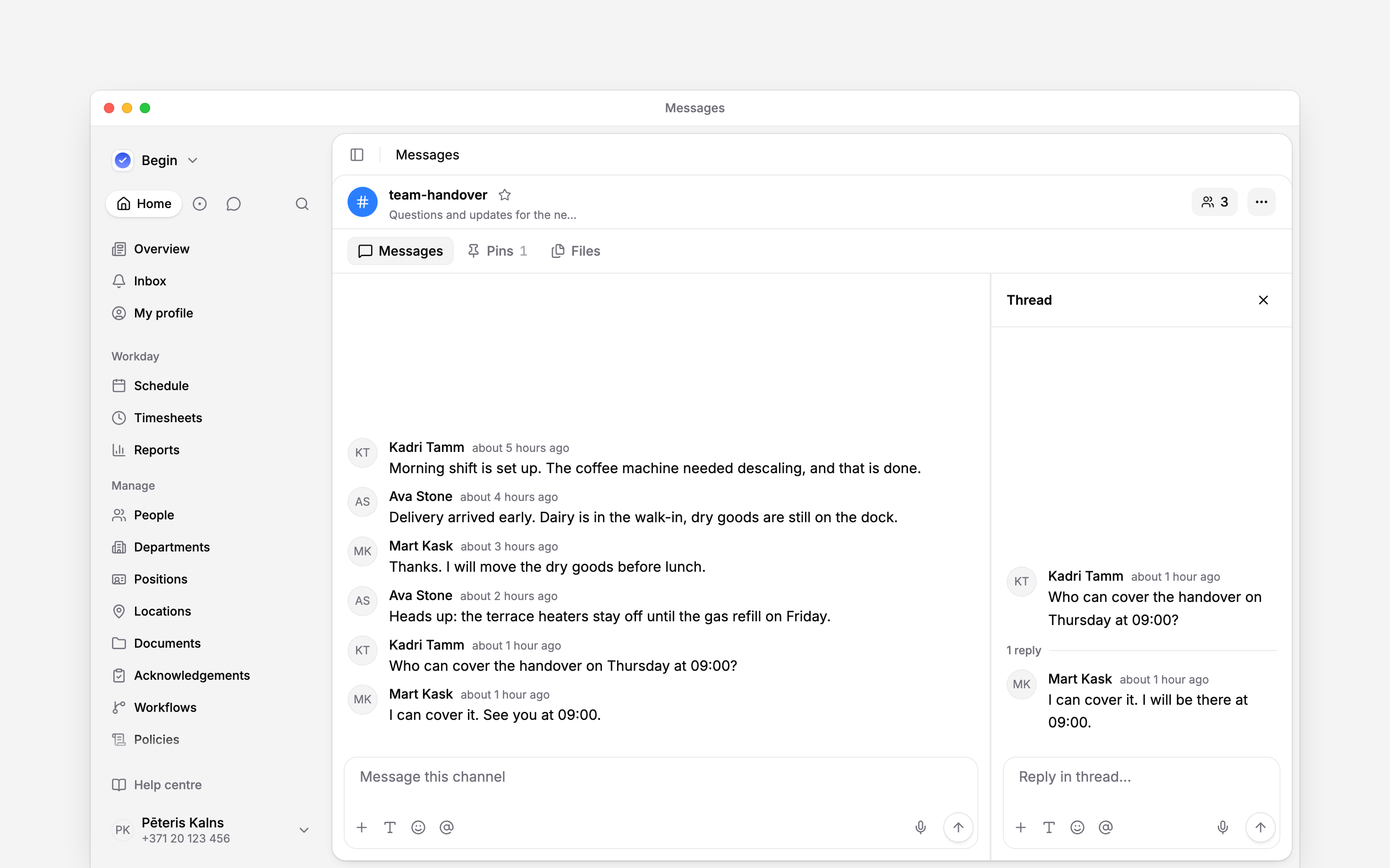 A message and its replies in the thread panel