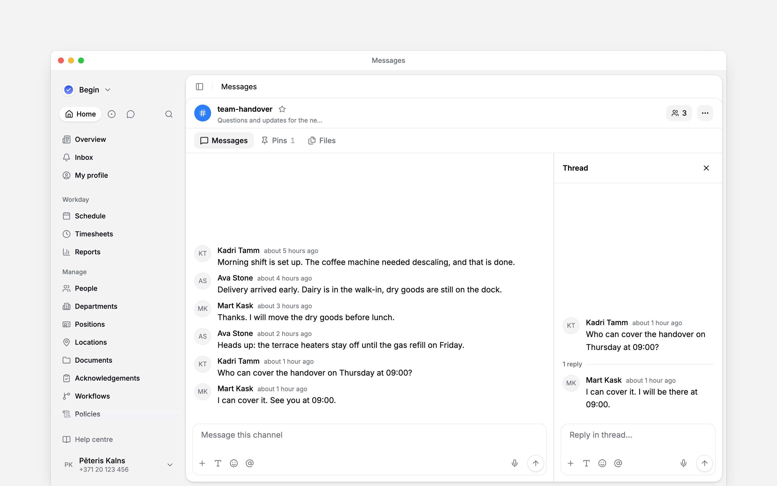 A message and its replies in the thread panel