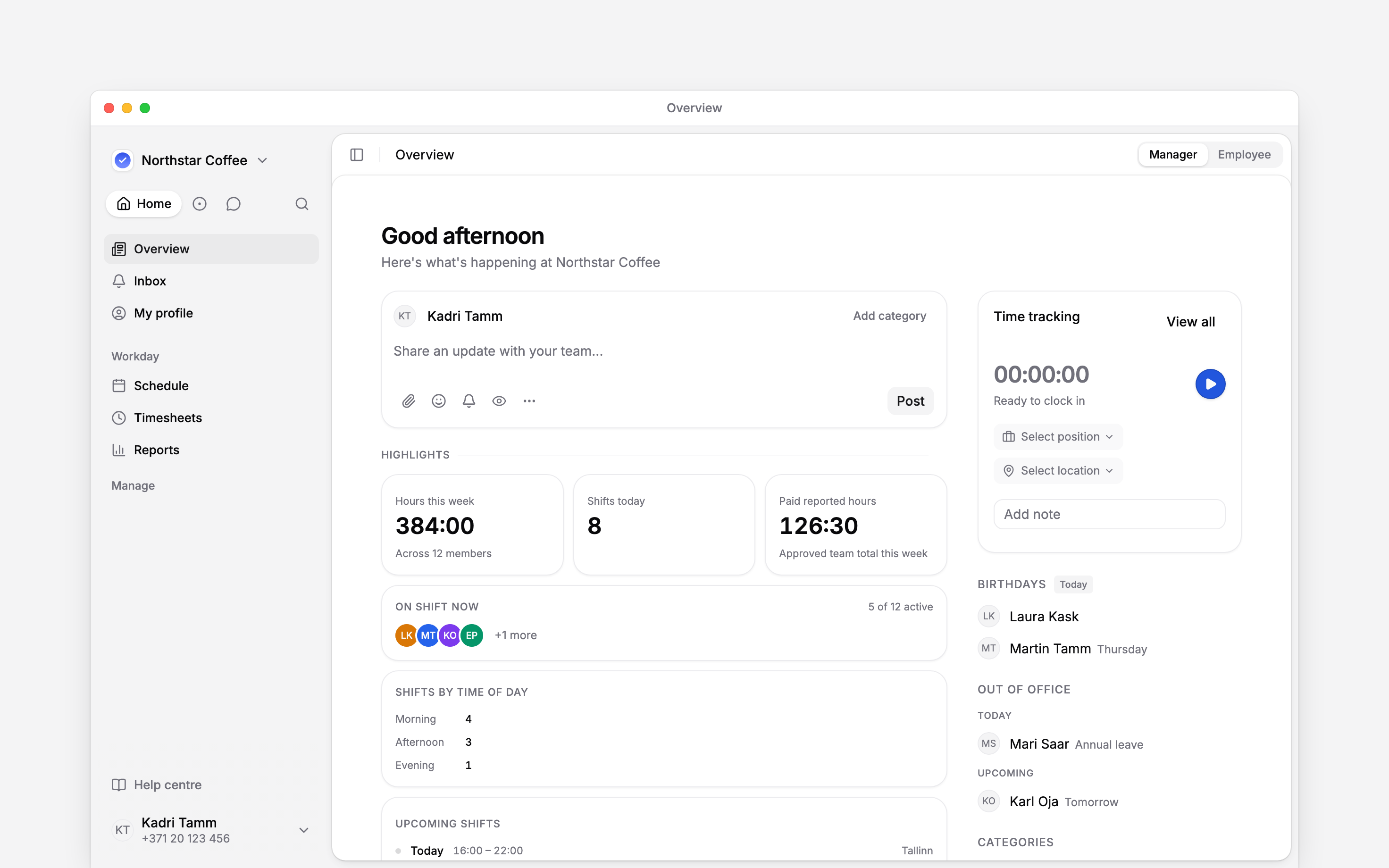 Begin Overview in Manager view with cards for shifts today, people on shift now and shifts by time of day