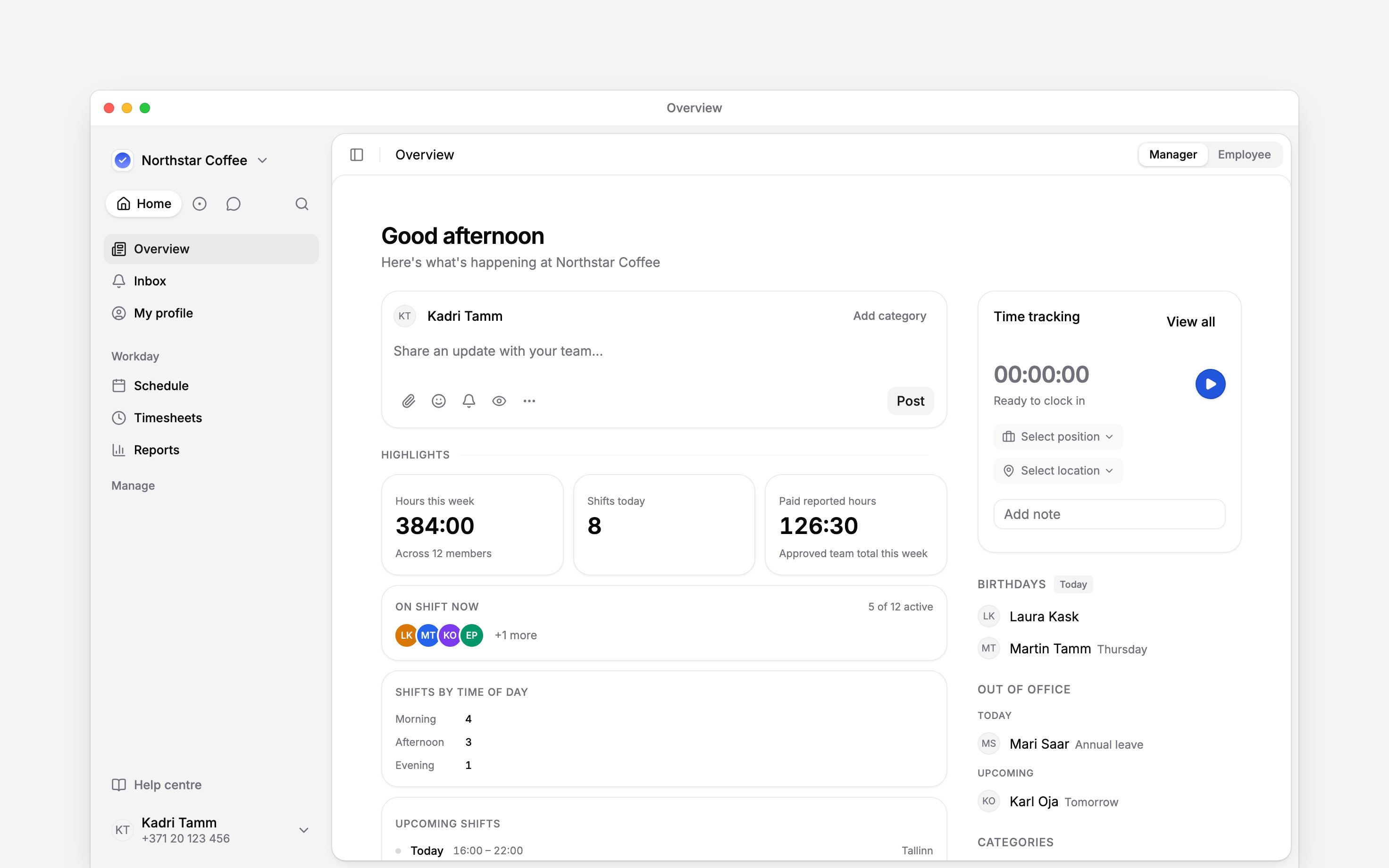 Begin Overview in Manager view with cards for shifts today, people on shift now and shifts by time of day
