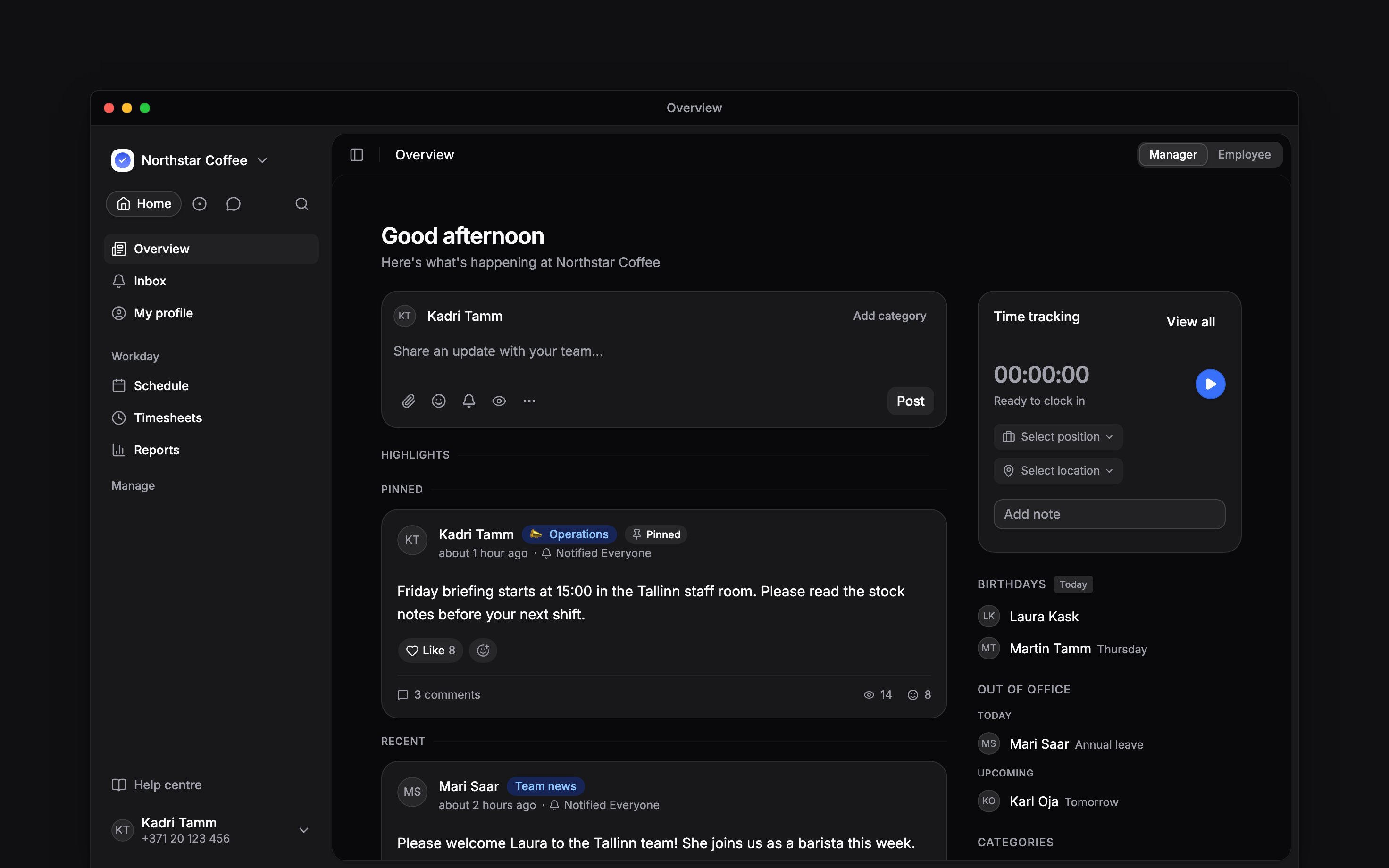 Begin Overview with an Operations post from Kadri Tamm, marked as pinned and sent to everyone