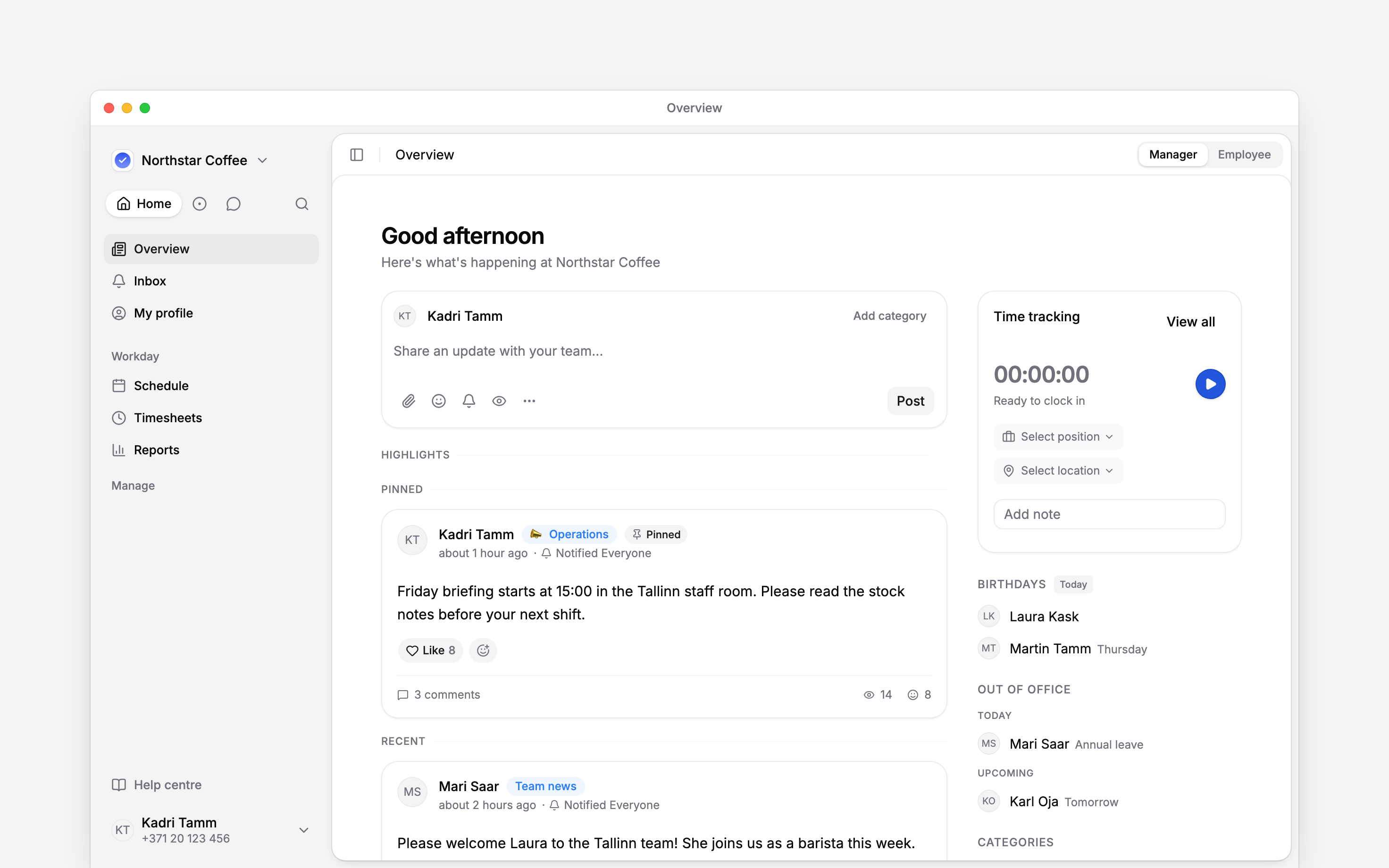 Begin Overview with an Operations post from Kadri Tamm, marked as pinned and sent to everyone