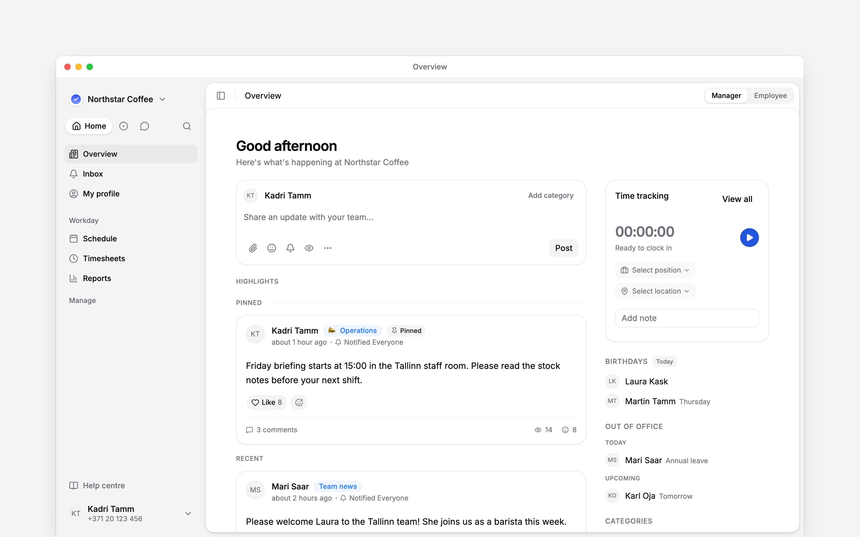 Begin Overview with an Operations post from Kadri Tamm, marked as pinned and sent to everyone