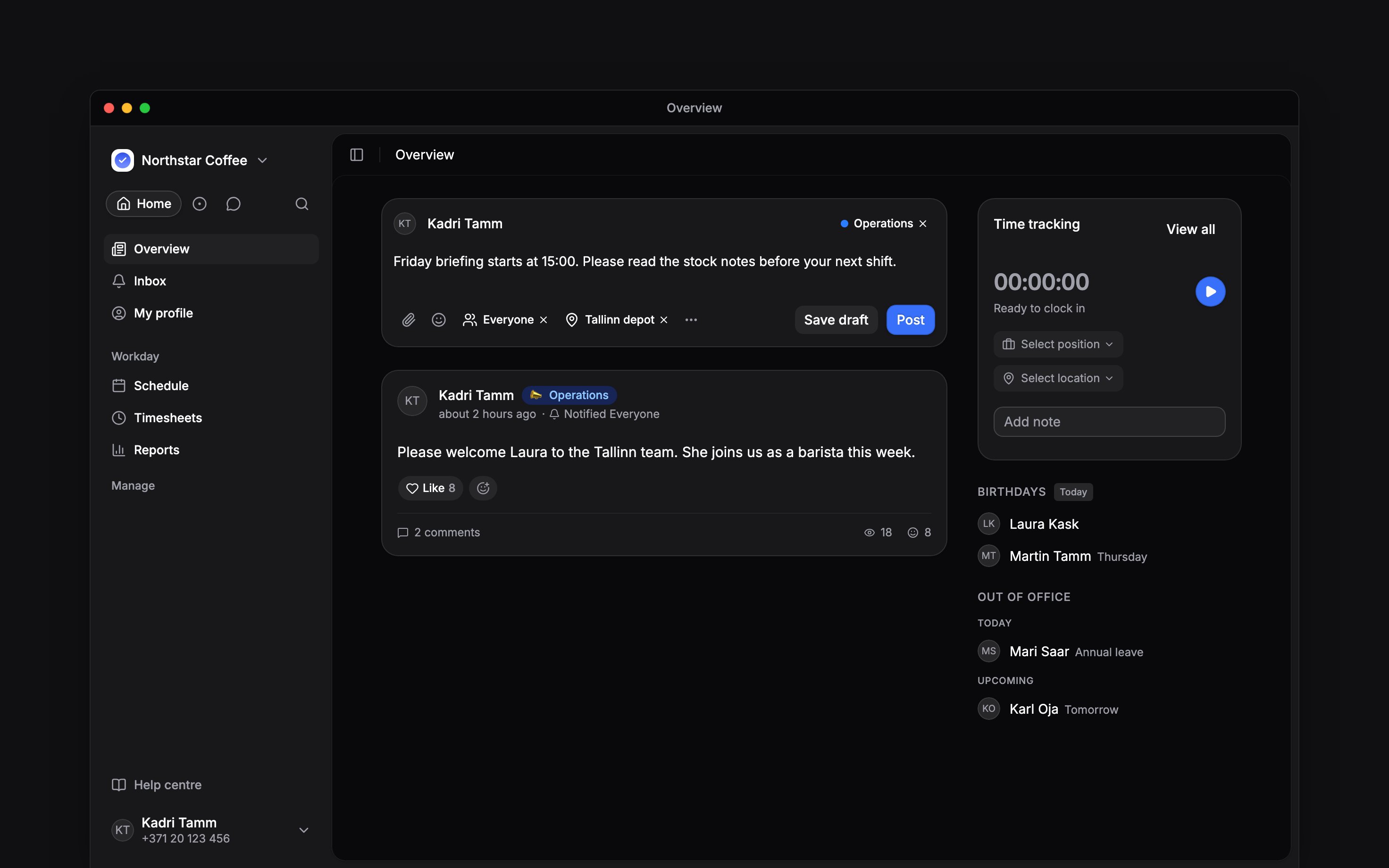 Begin post composer with an Operations category, a Tallinn visibility group and Notify everyone selected