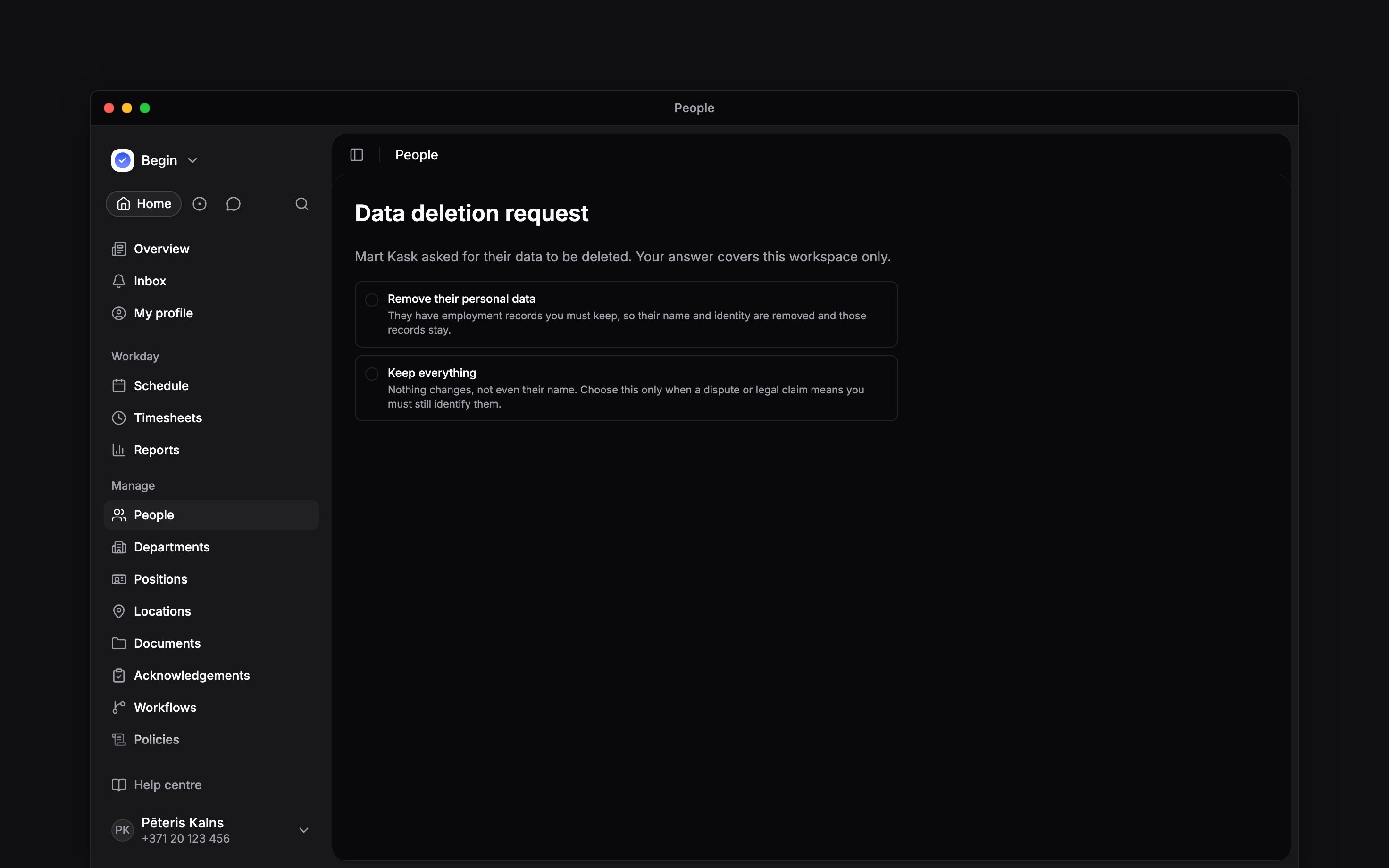 Data request choices to remove personal data or keep everything