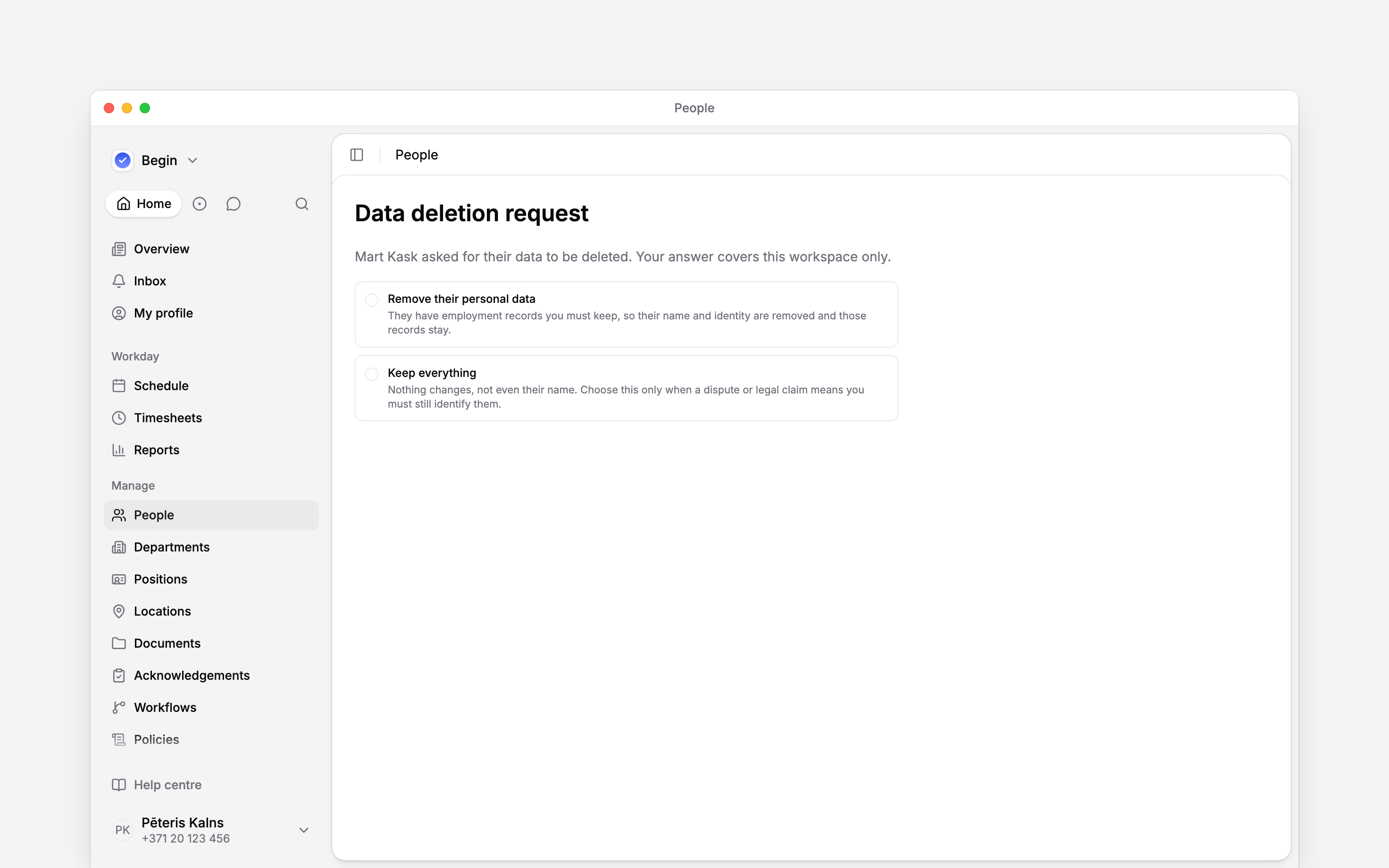 Data request choices to remove personal data or keep everything