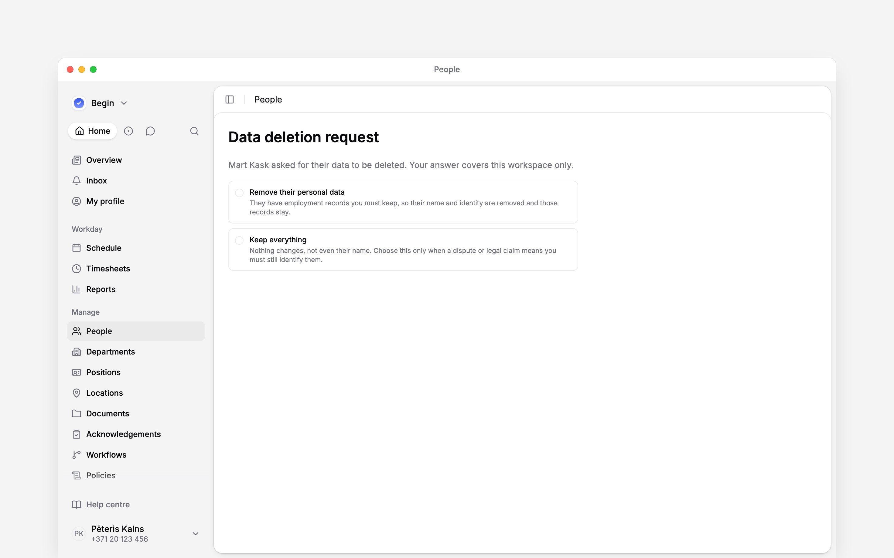 Data request choices to remove personal data or keep everything