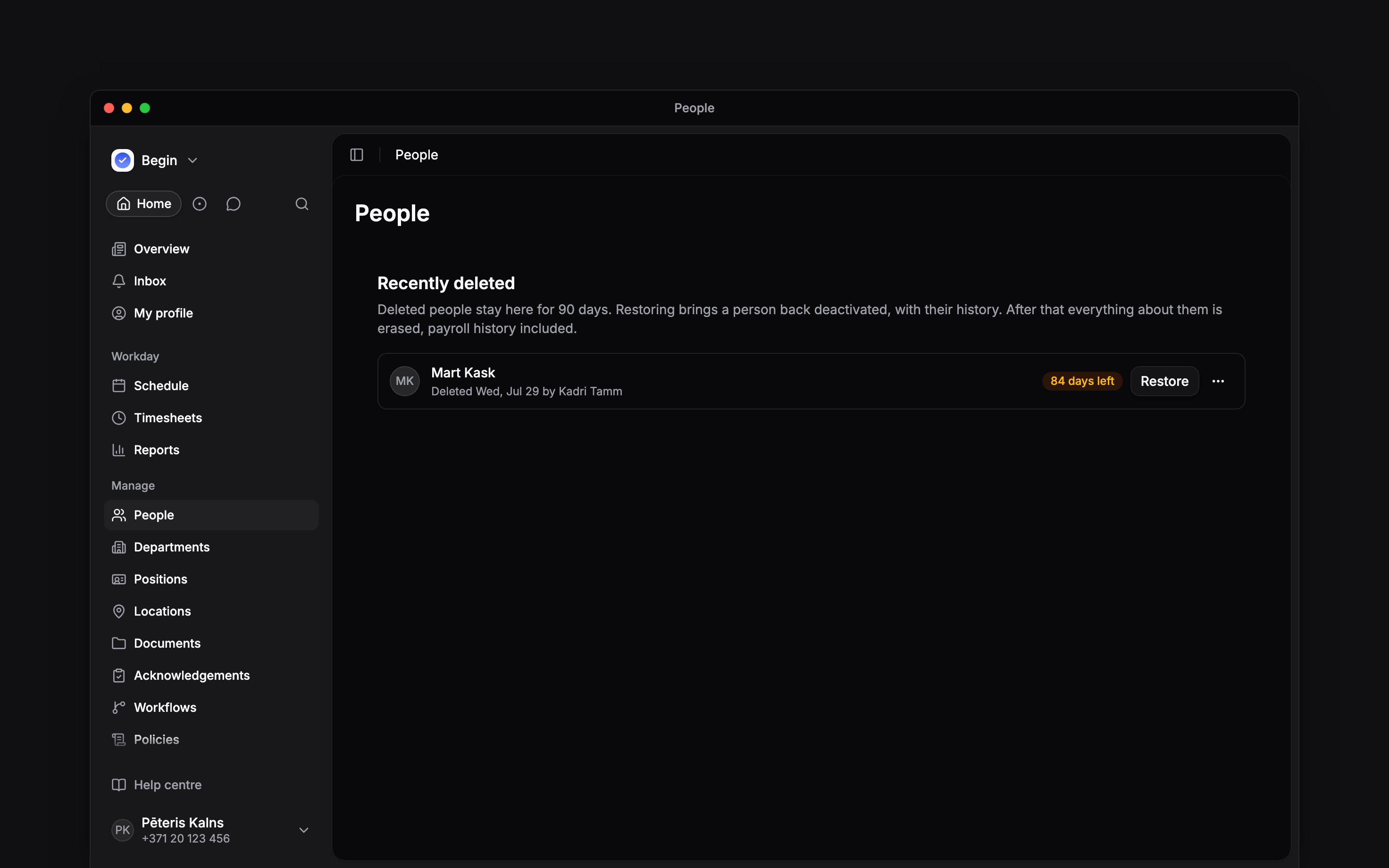 Recently deleted person with 84 days remaining and the Restore action