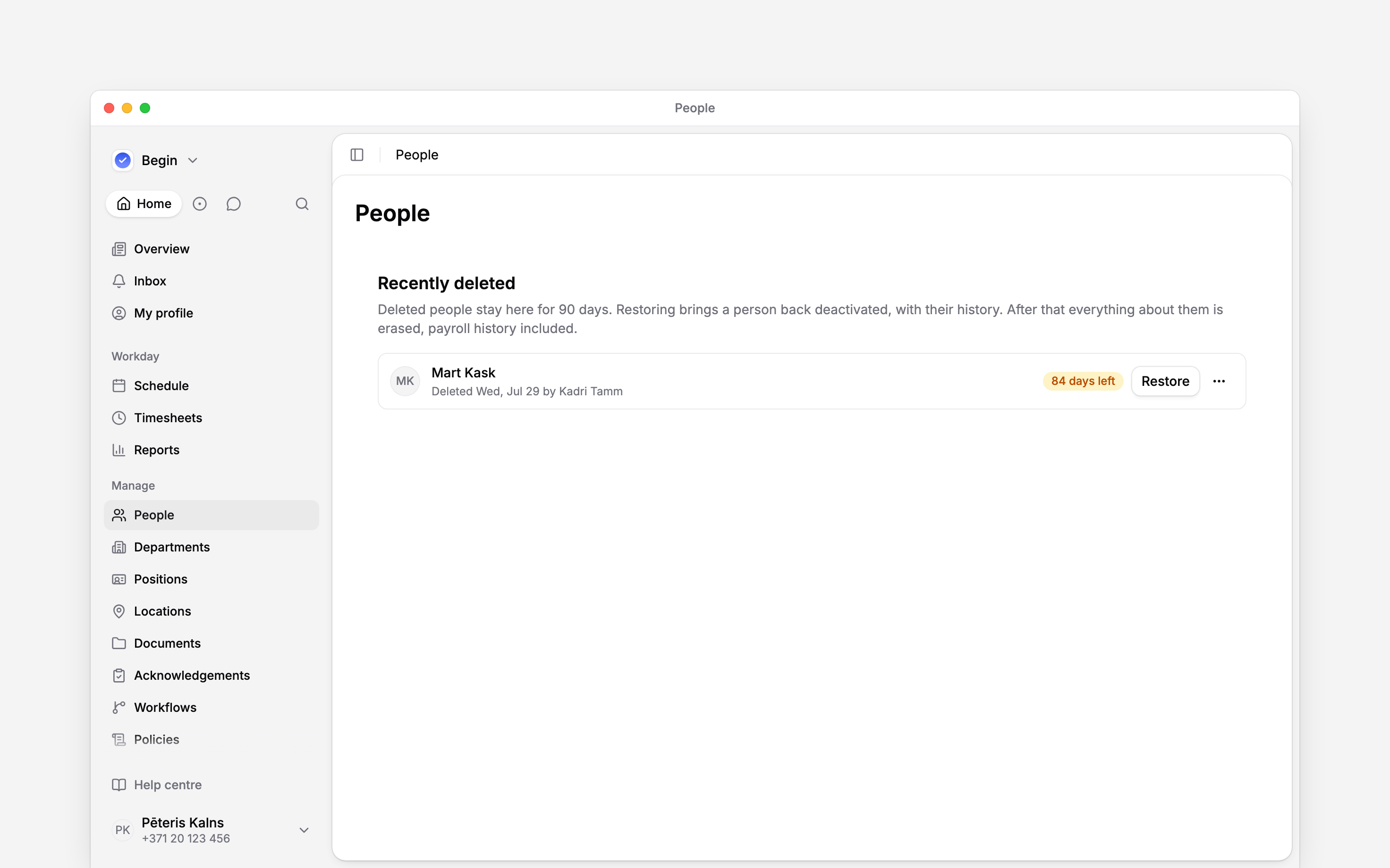 Recently deleted person with 84 days remaining and the Restore action