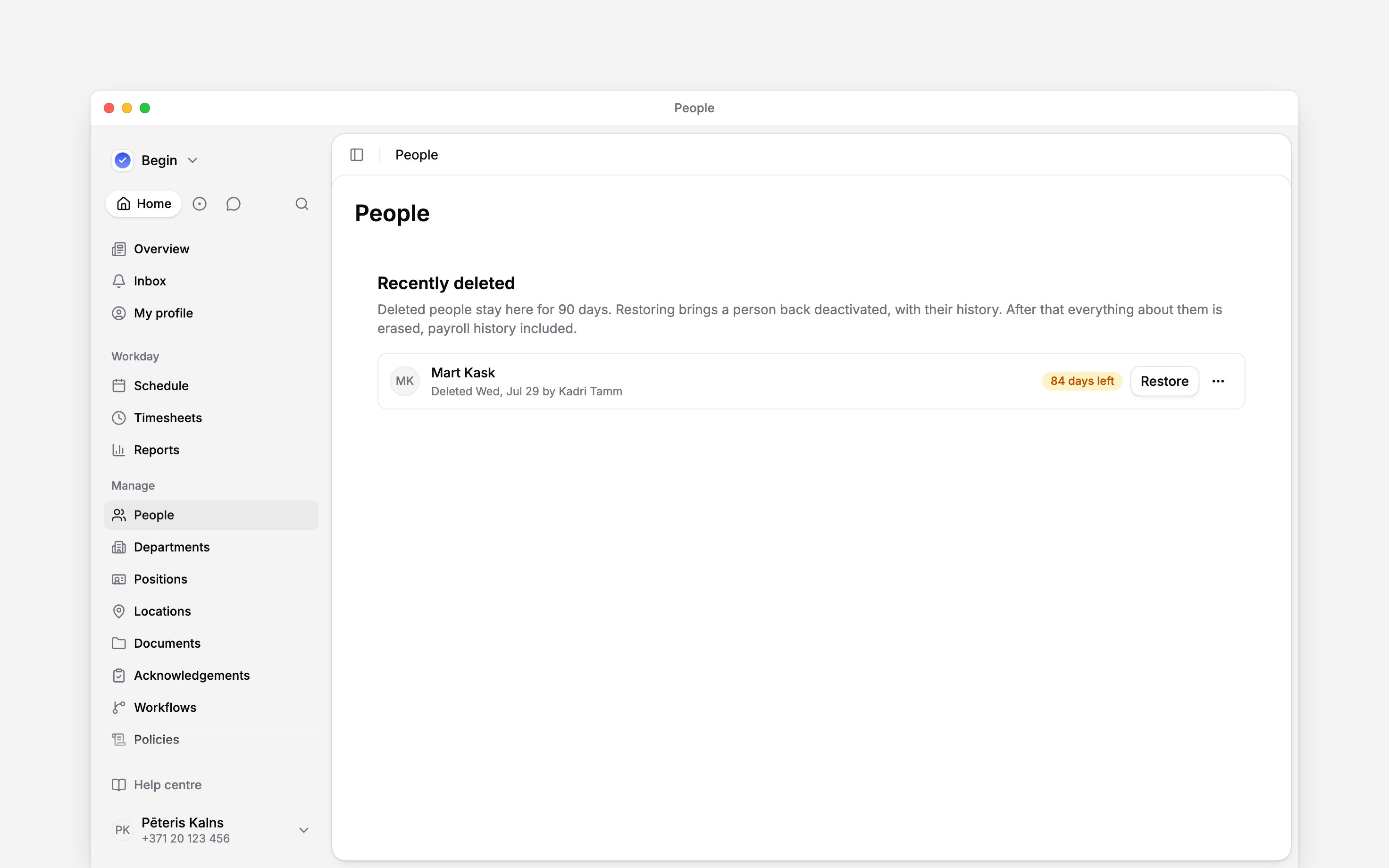 Recently deleted person with 84 days remaining and the Restore action