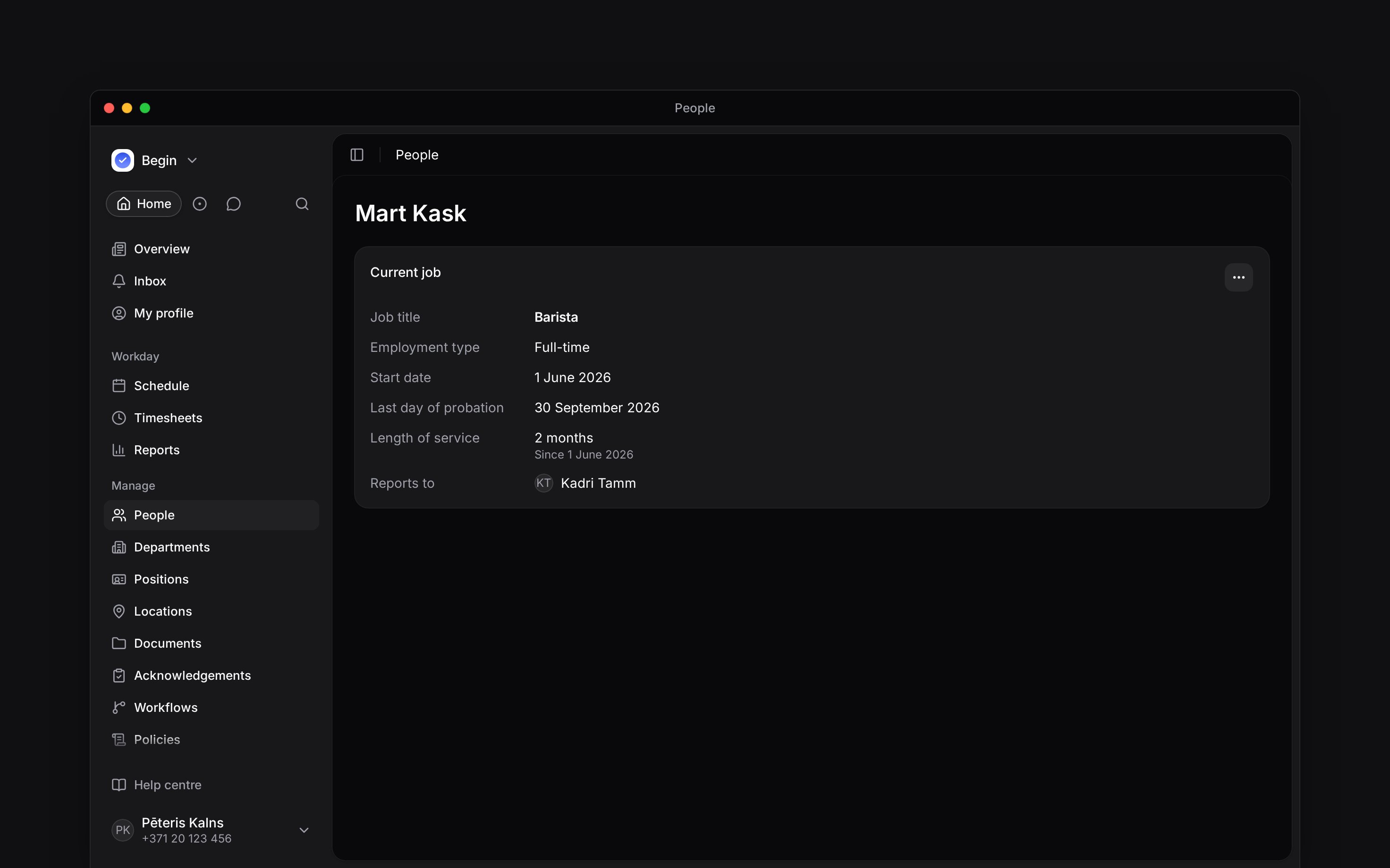 Current job with its title, start date, reporting manager and action menu
