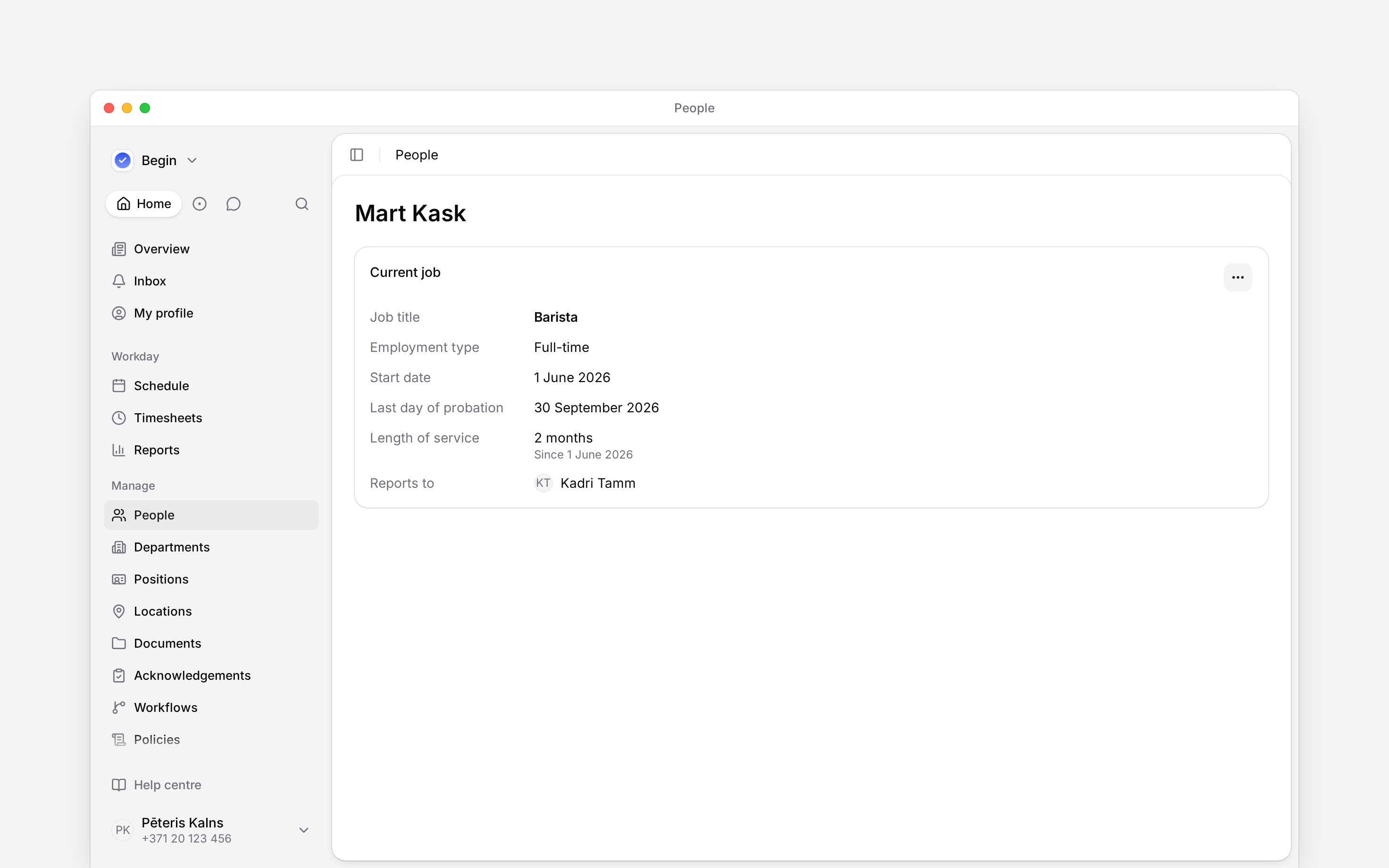 Current job with its title, start date, reporting manager and action menu