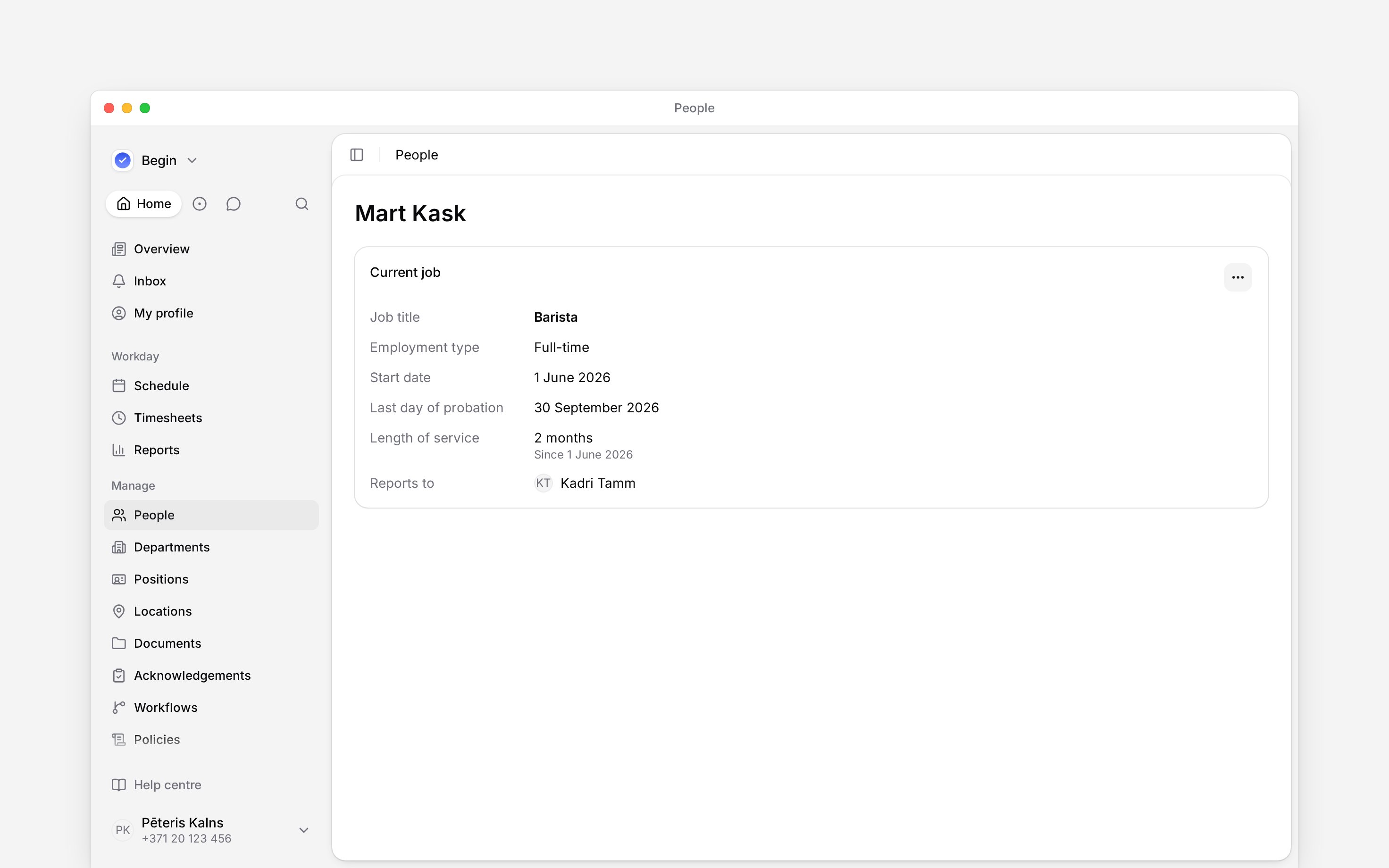 Current job with its title, start date, reporting manager and action menu