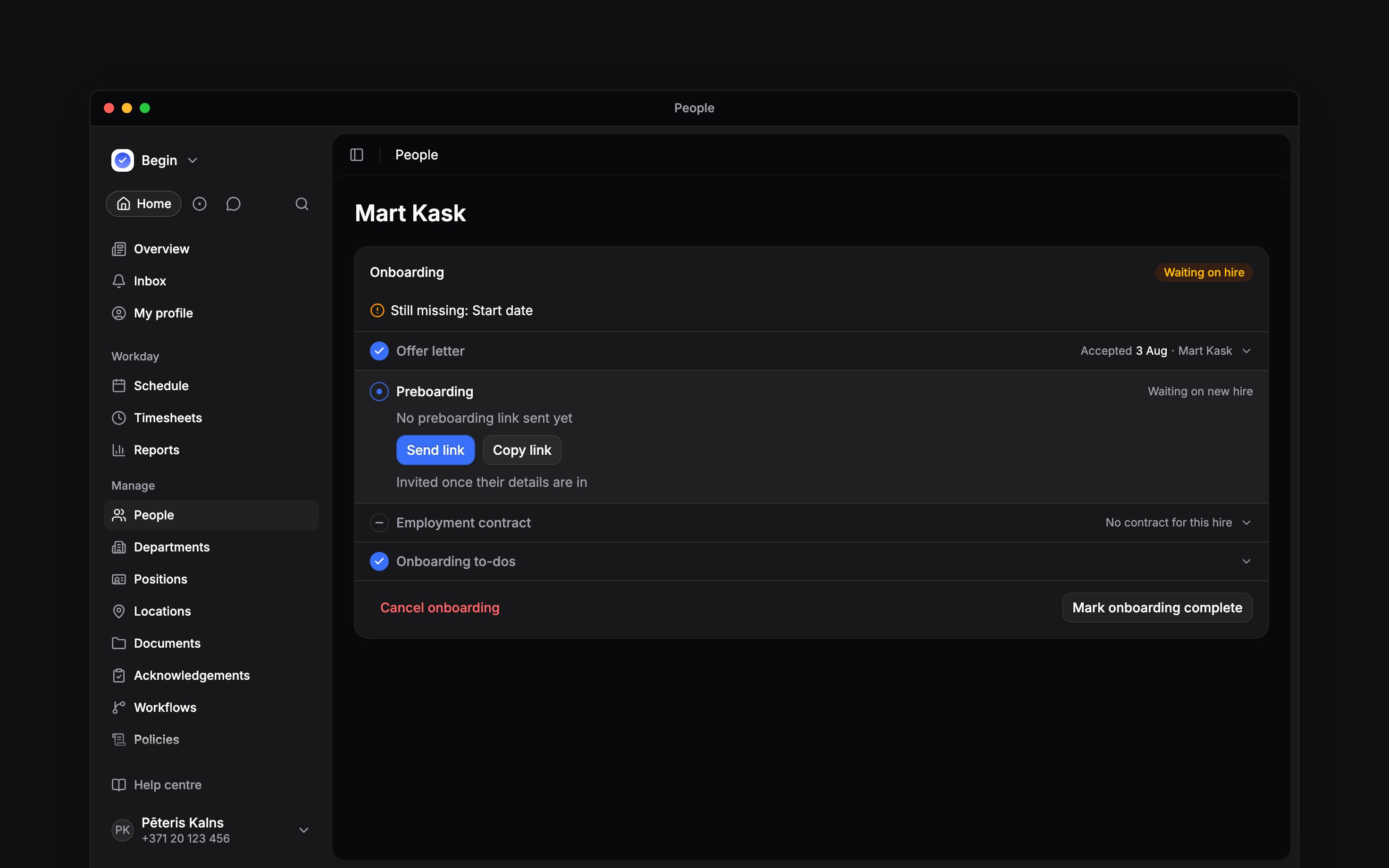 Onboarding progress with an accepted offer and a preboarding link ready to send