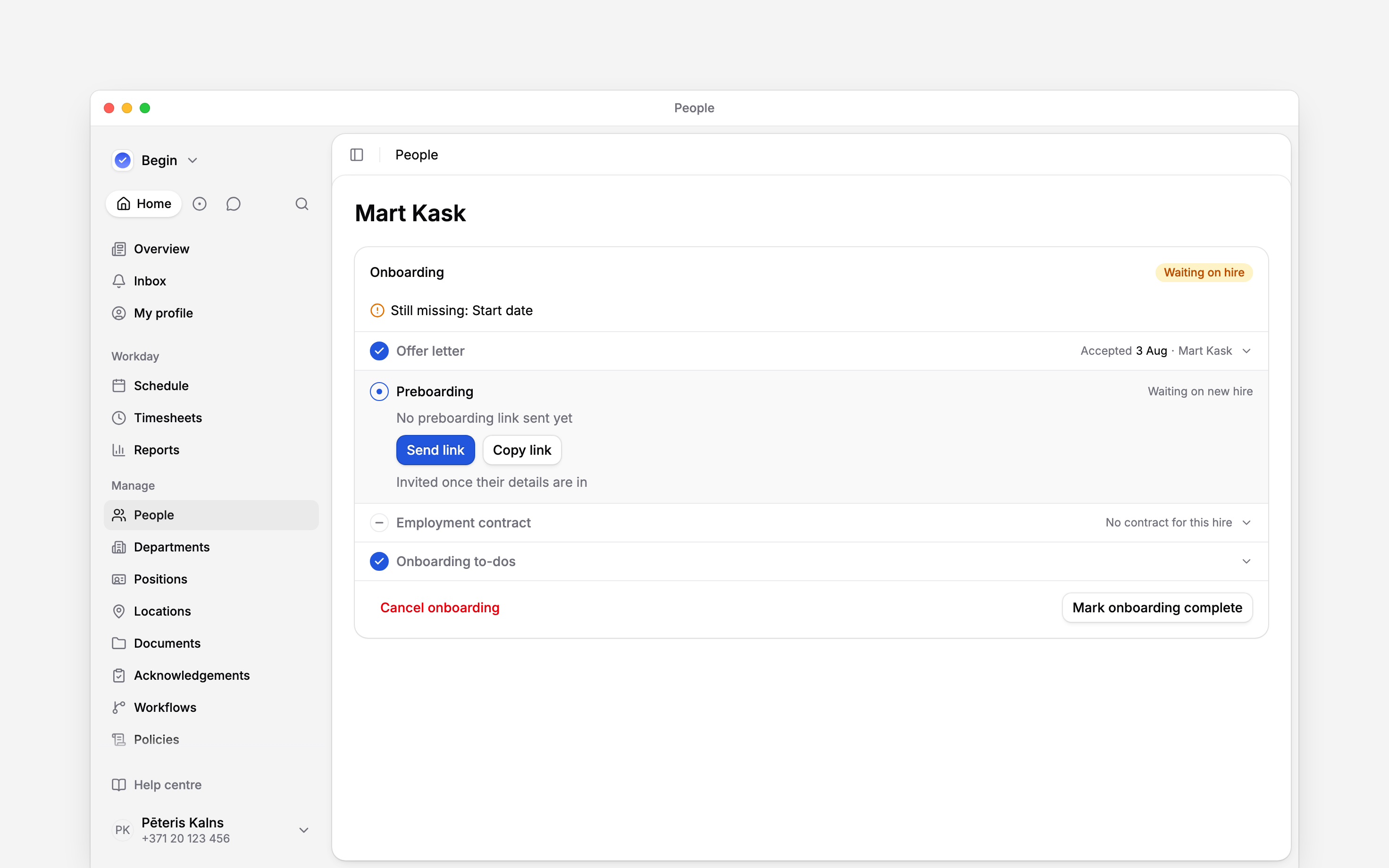 Onboarding progress with an accepted offer and a preboarding link ready to send