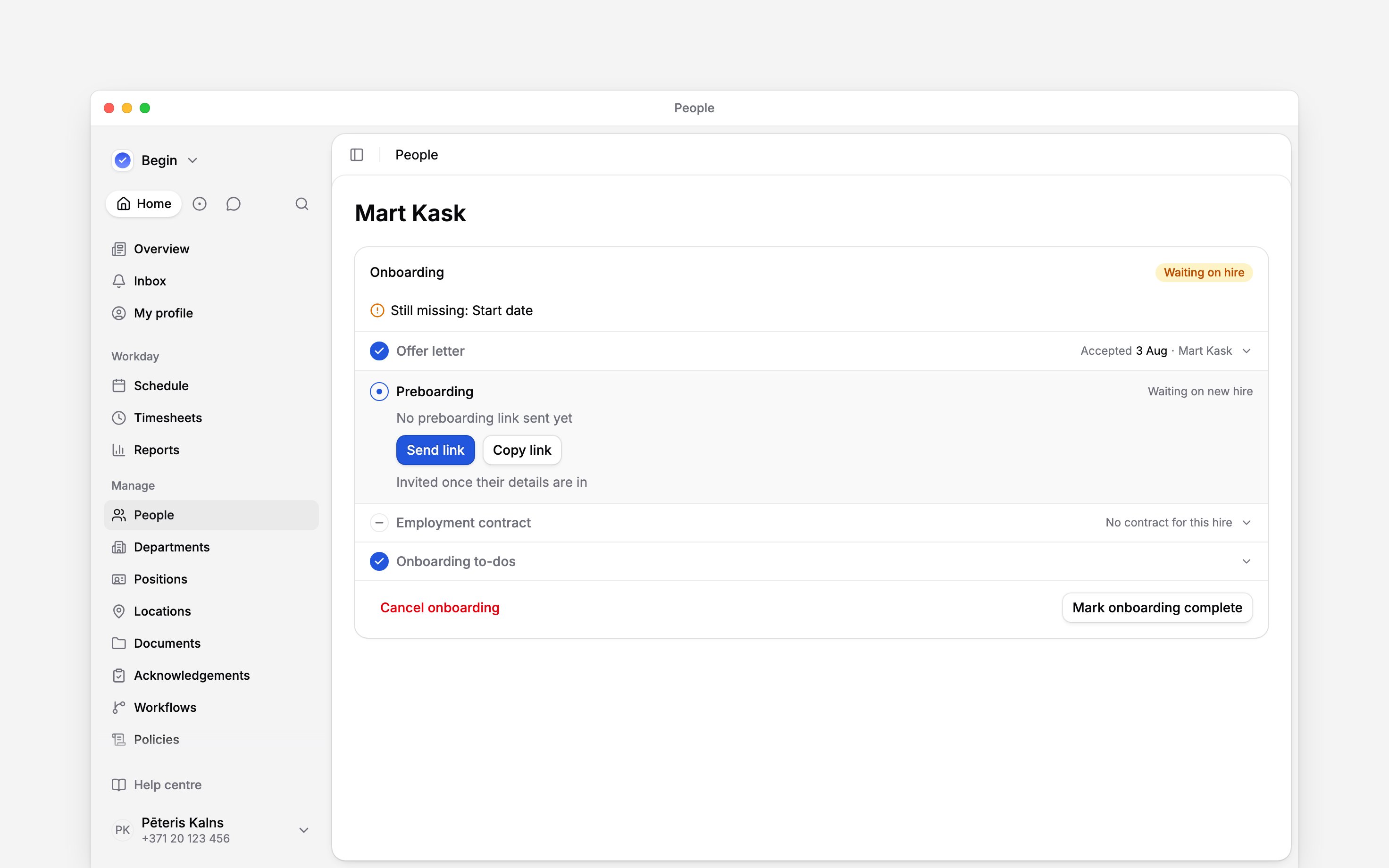 Onboarding progress with an accepted offer and a preboarding link ready to send