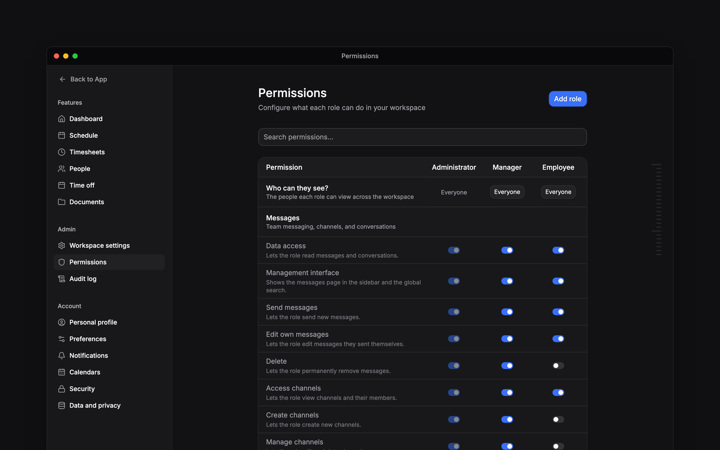 Permissions matrix for Administrator, Manager and Employee, with visibility controls