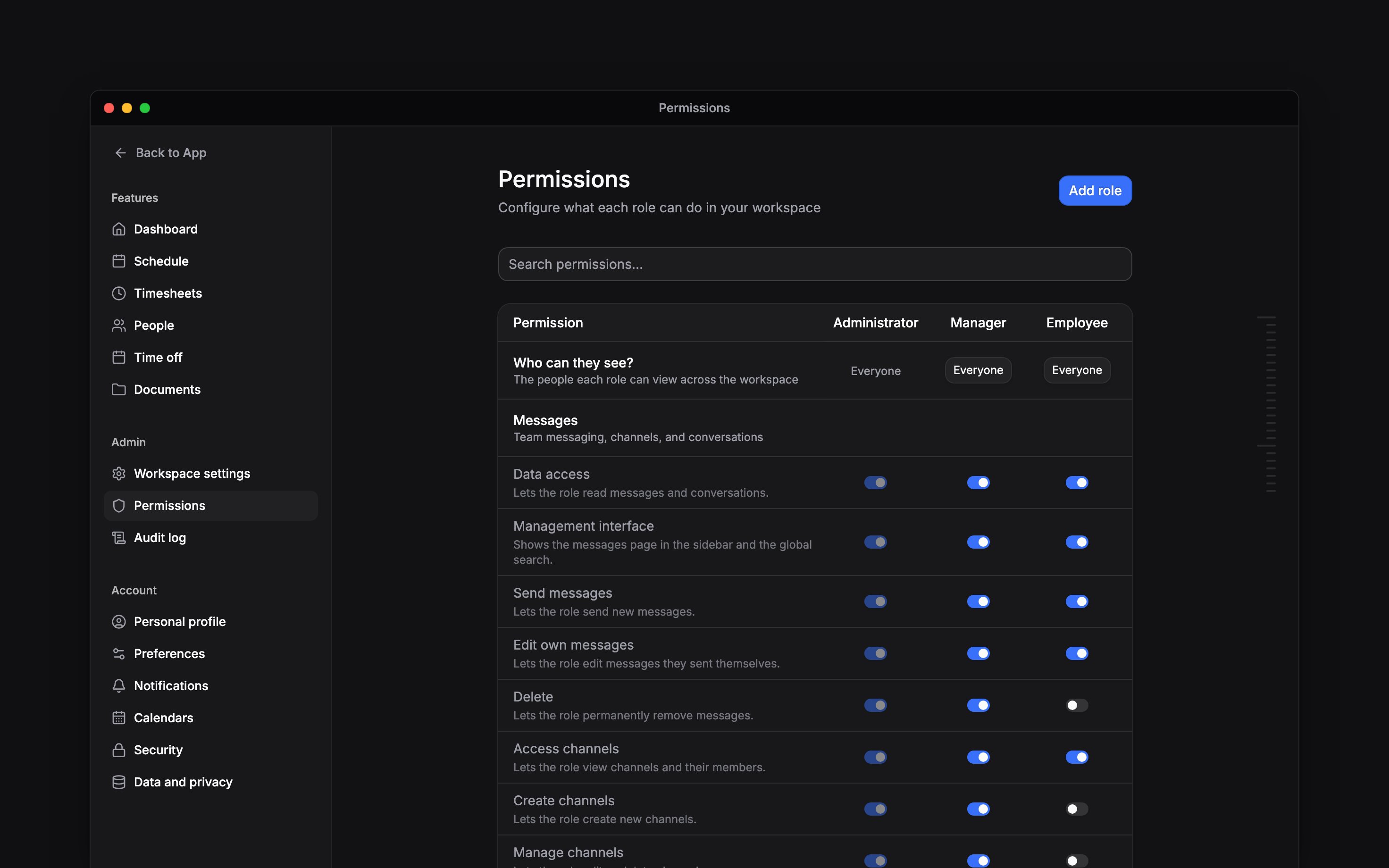 Permissions matrix for Administrator, Manager and Employee, with visibility controls