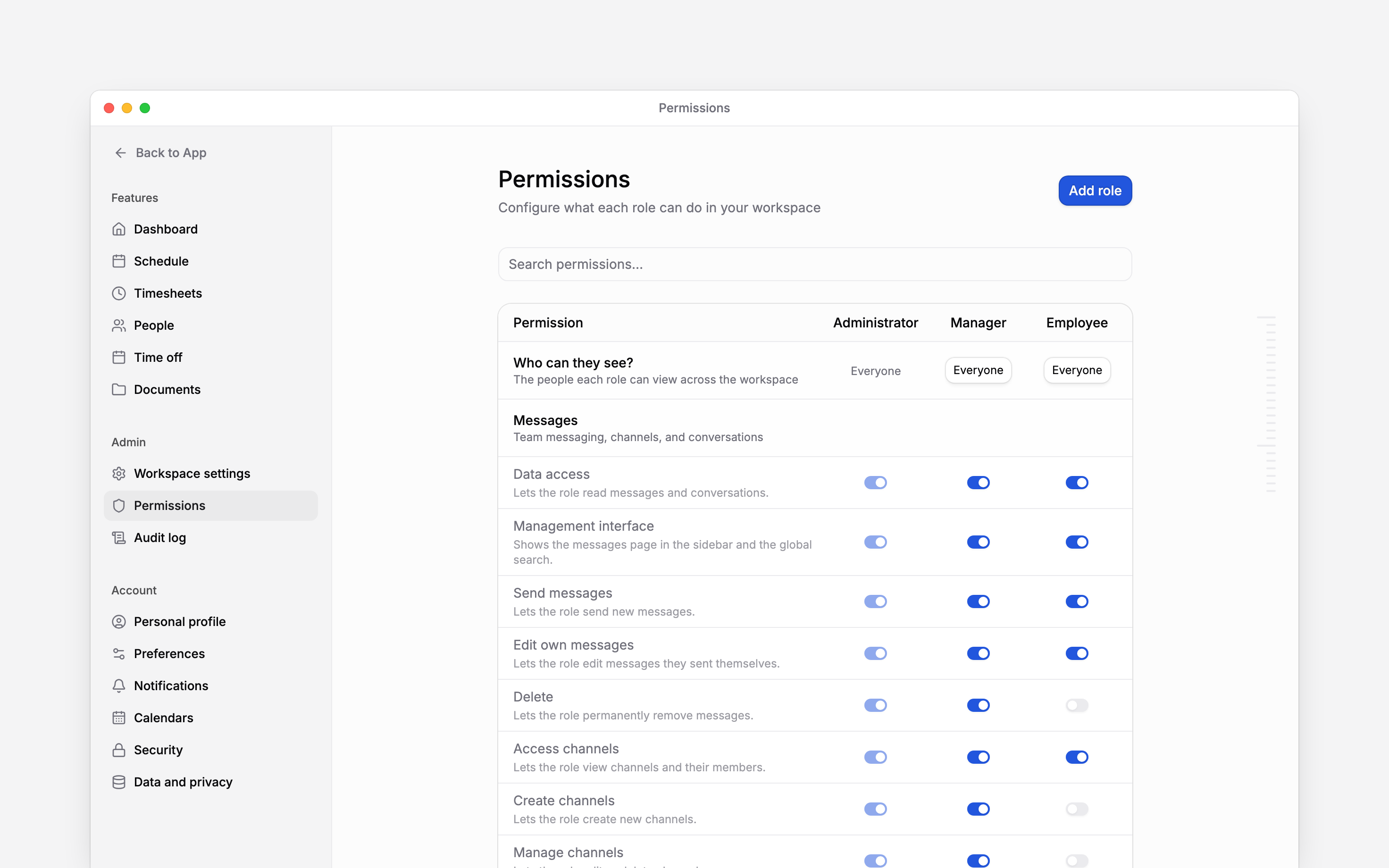 Permissions matrix for Administrator, Manager and Employee, with visibility controls