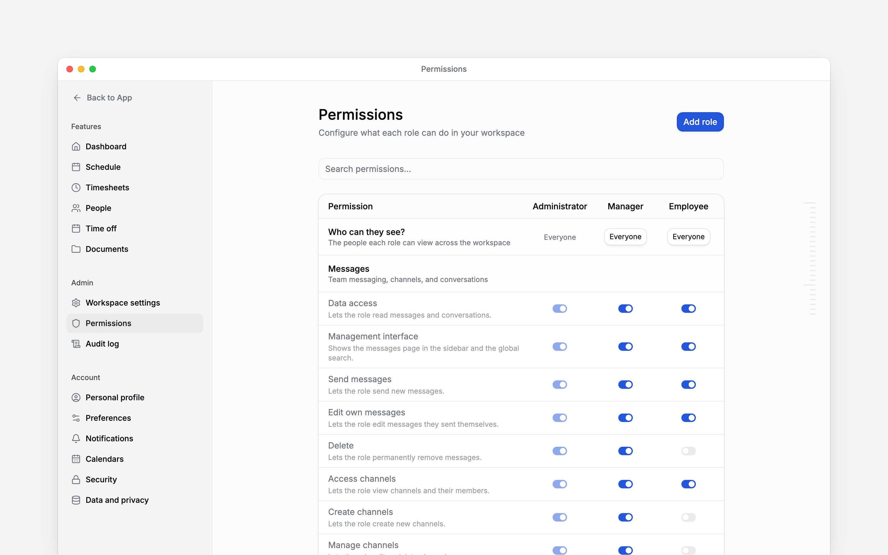 Permissions matrix for Administrator, Manager and Employee, with visibility controls