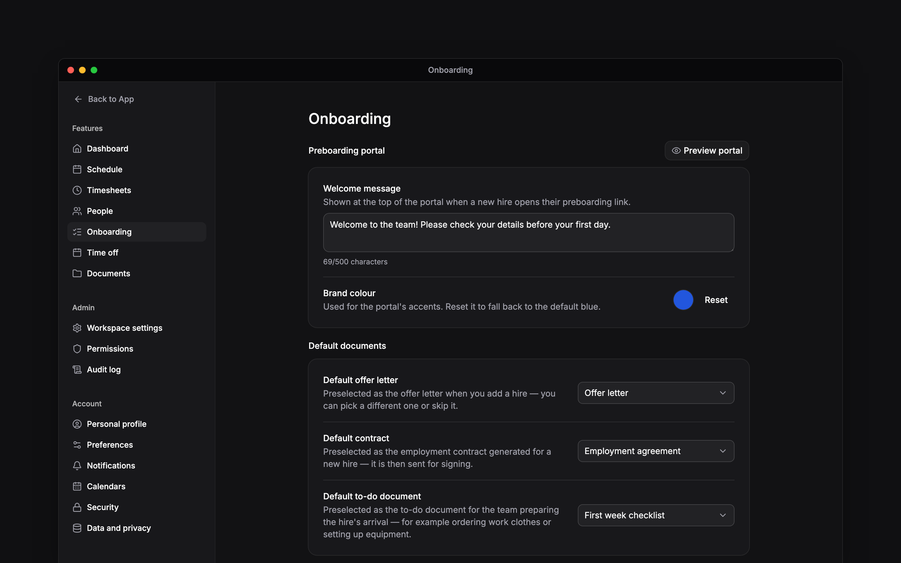 Onboarding settings with the welcome message, brand colour and three default documents