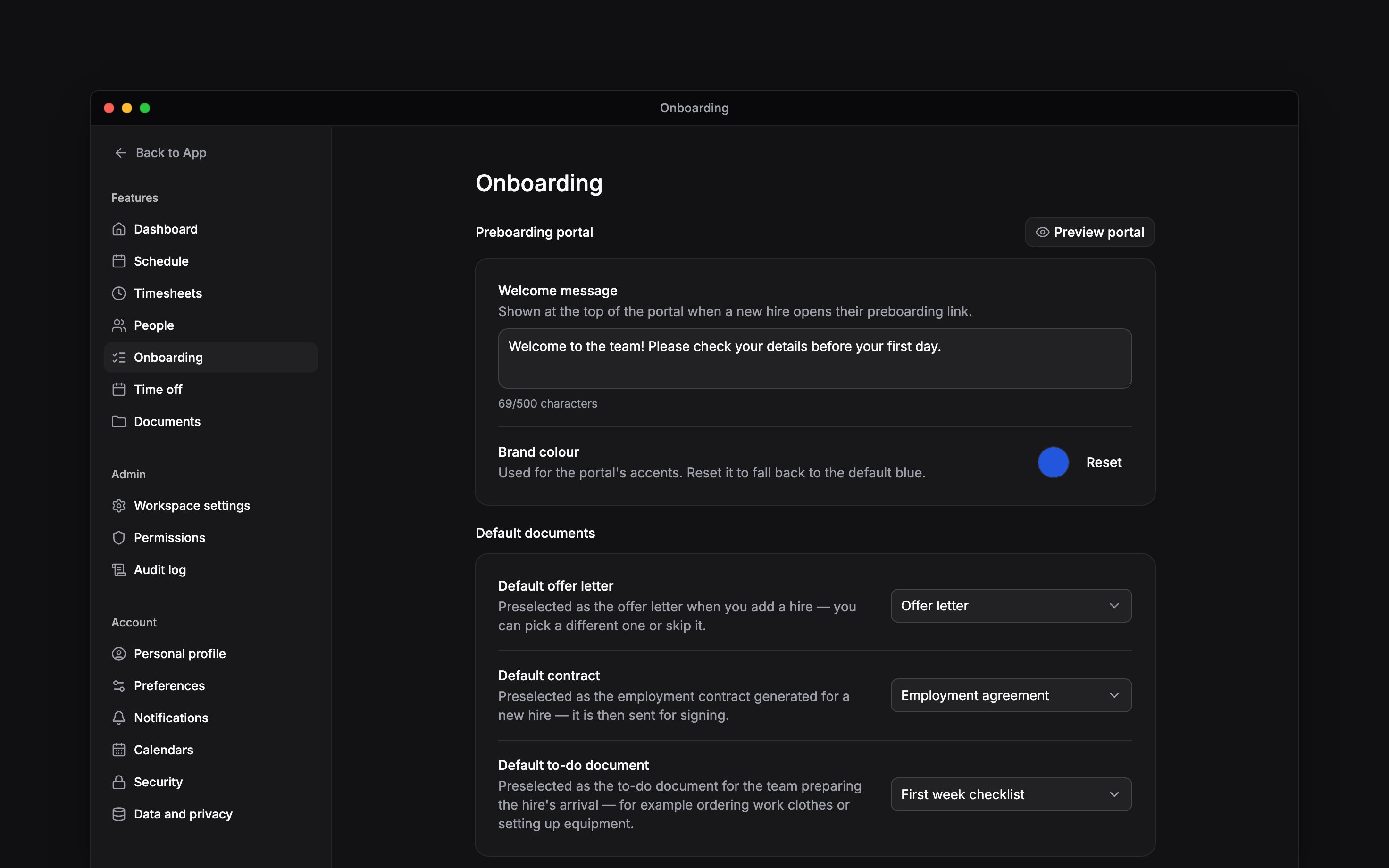 Onboarding settings with the welcome message, brand colour and three default documents