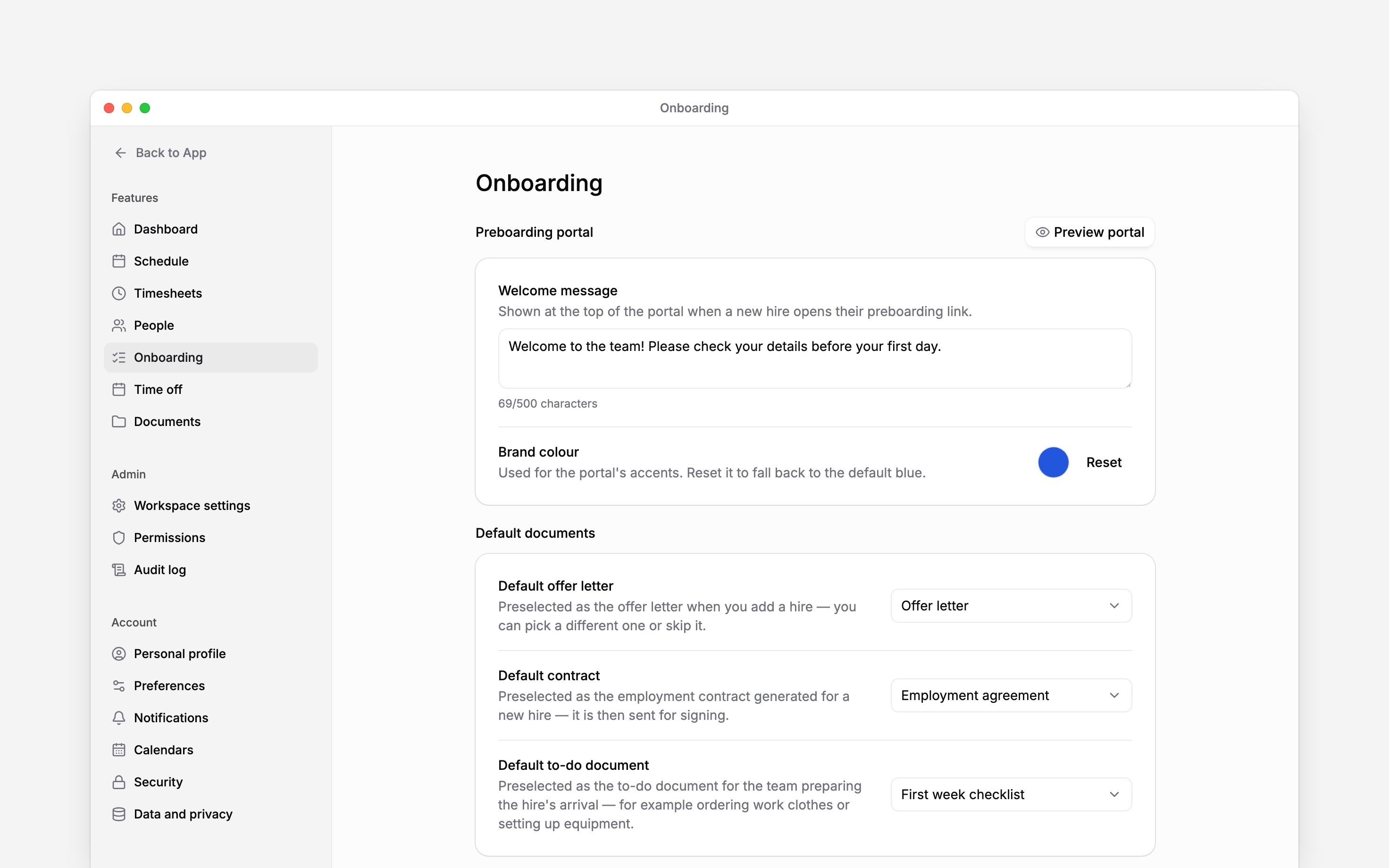 Onboarding settings with the welcome message, brand colour and three default documents