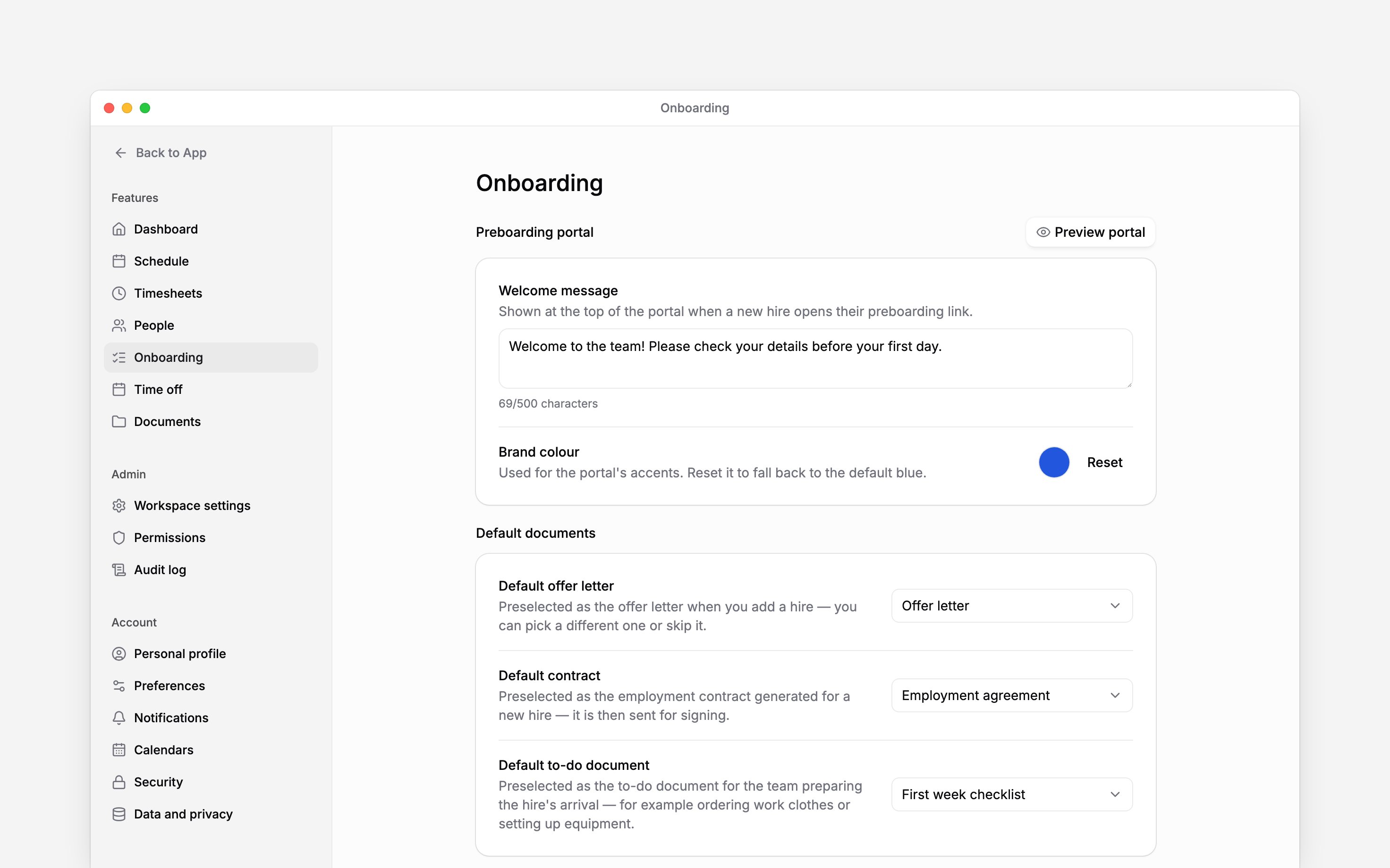 Onboarding settings with the welcome message, brand colour and three default documents