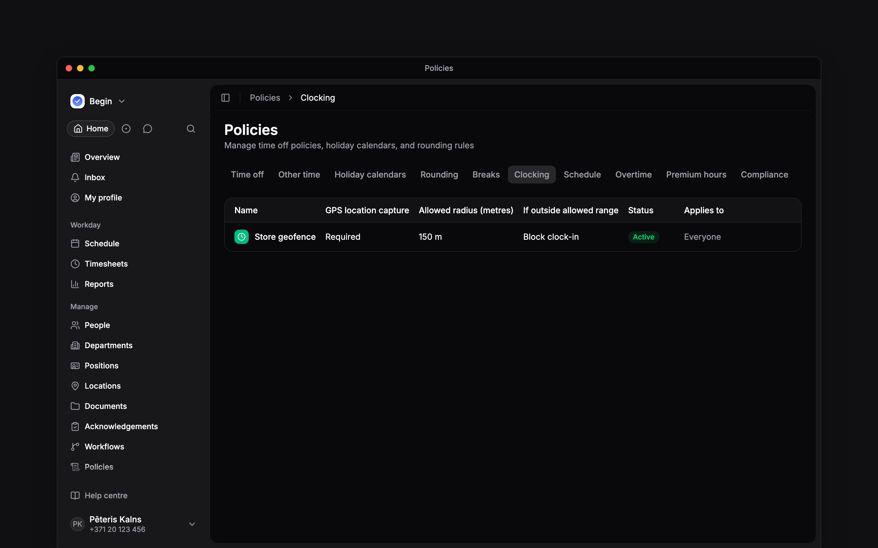 The Clocking tab listing location capture, radius and enforcement