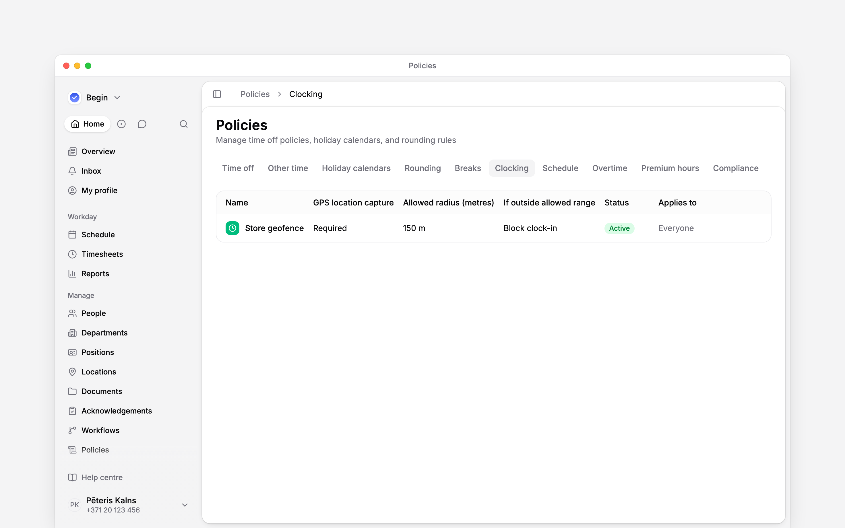 The Clocking tab listing location capture, radius and enforcement