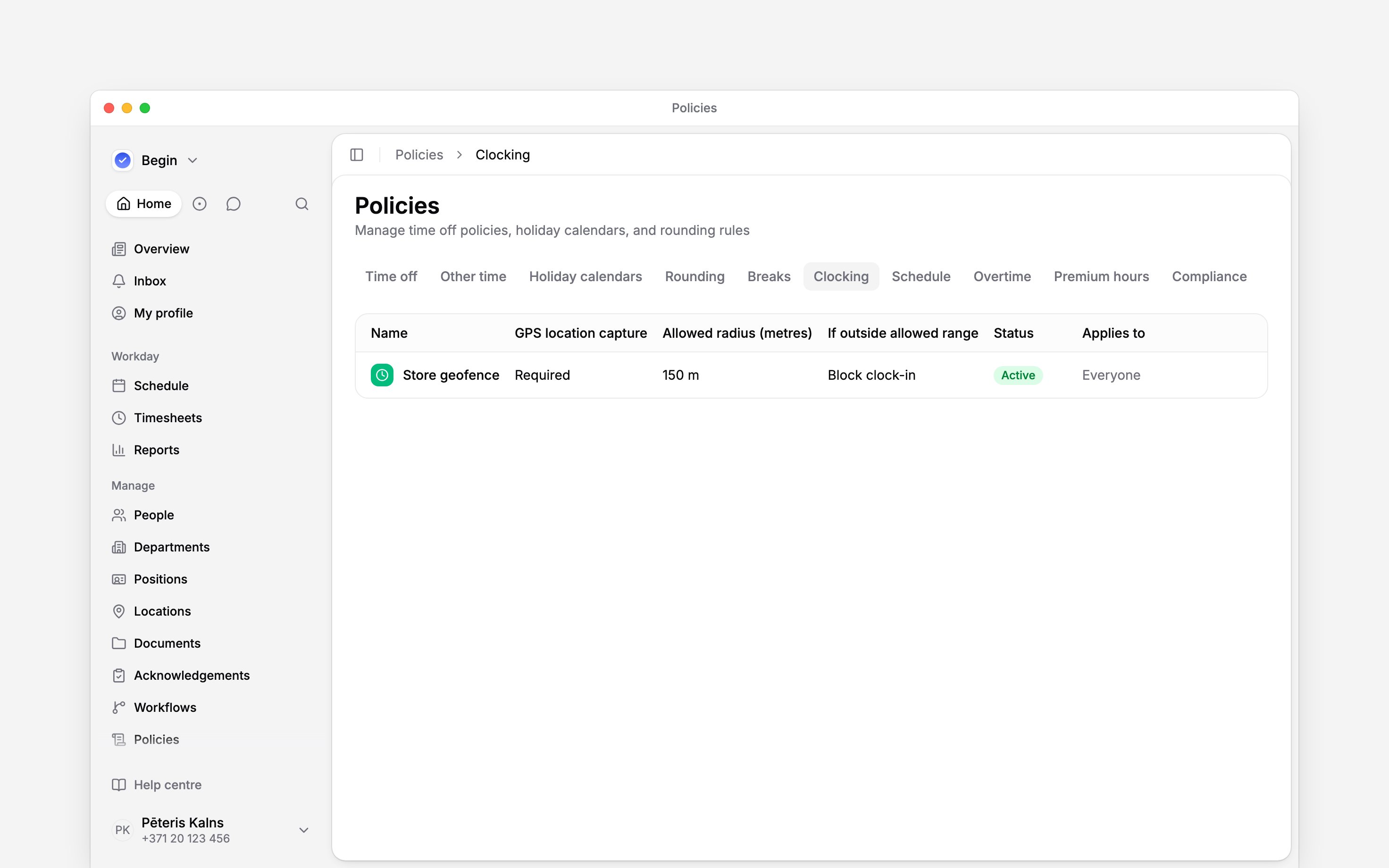 The Clocking tab listing location capture, radius and enforcement