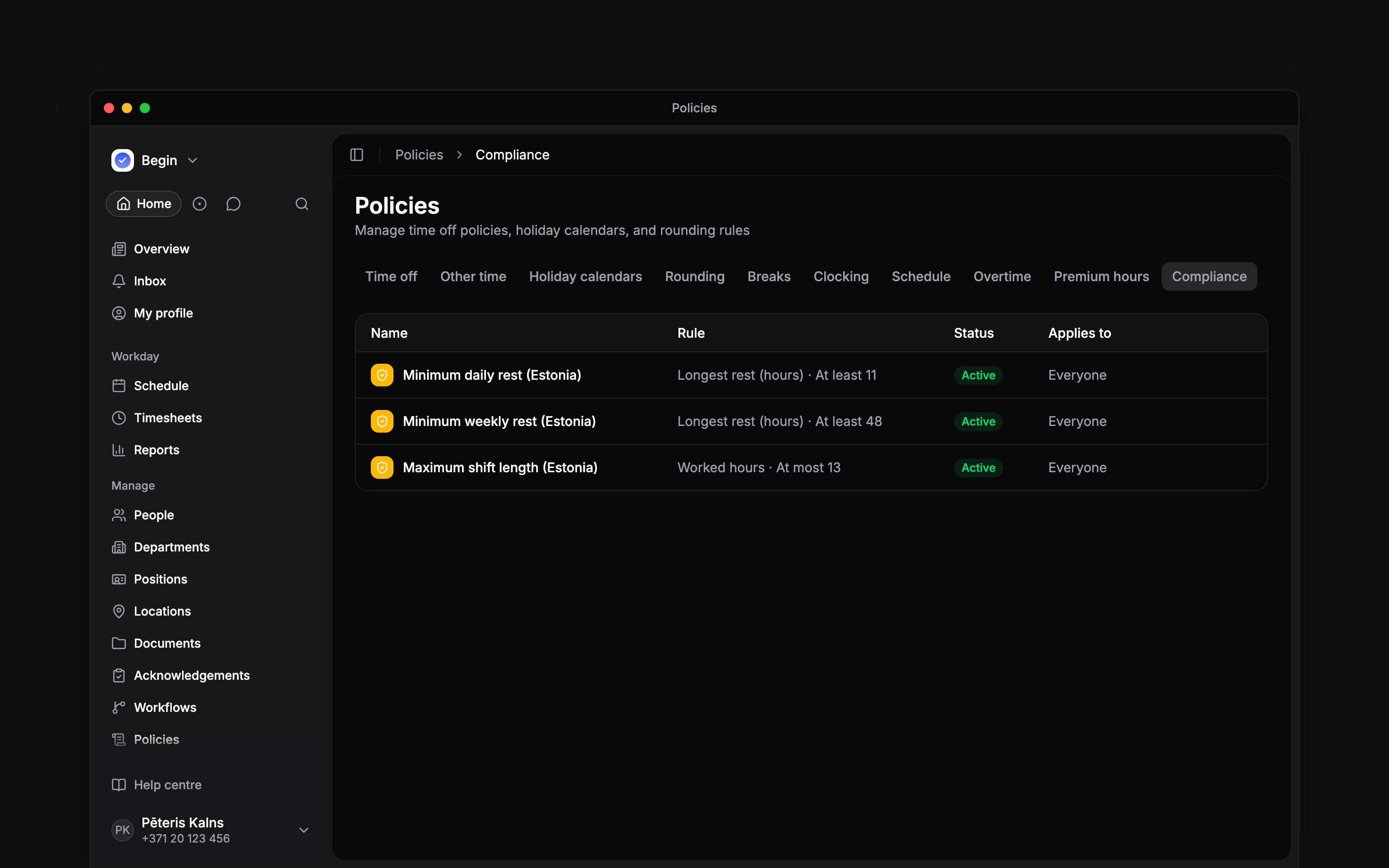 The Compliance tab listing configured rest and working-hour rules
