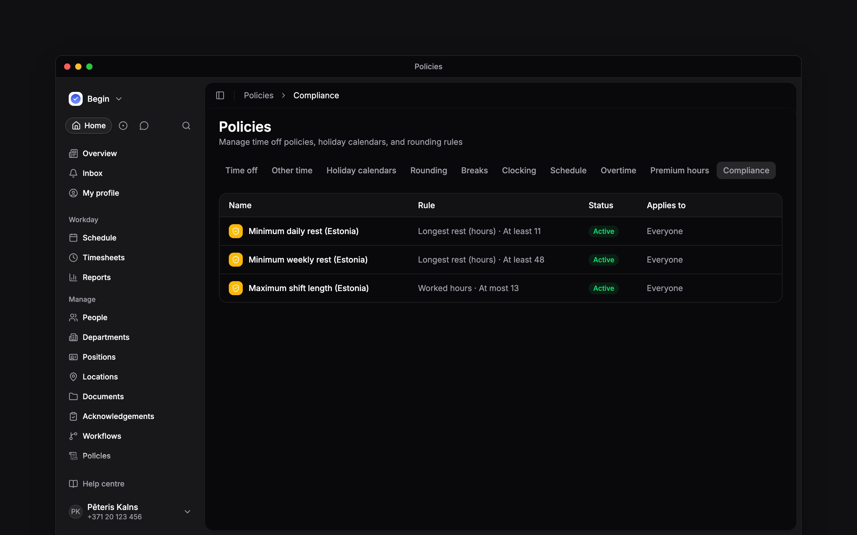 The Compliance tab listing configured rest and working-hour rules